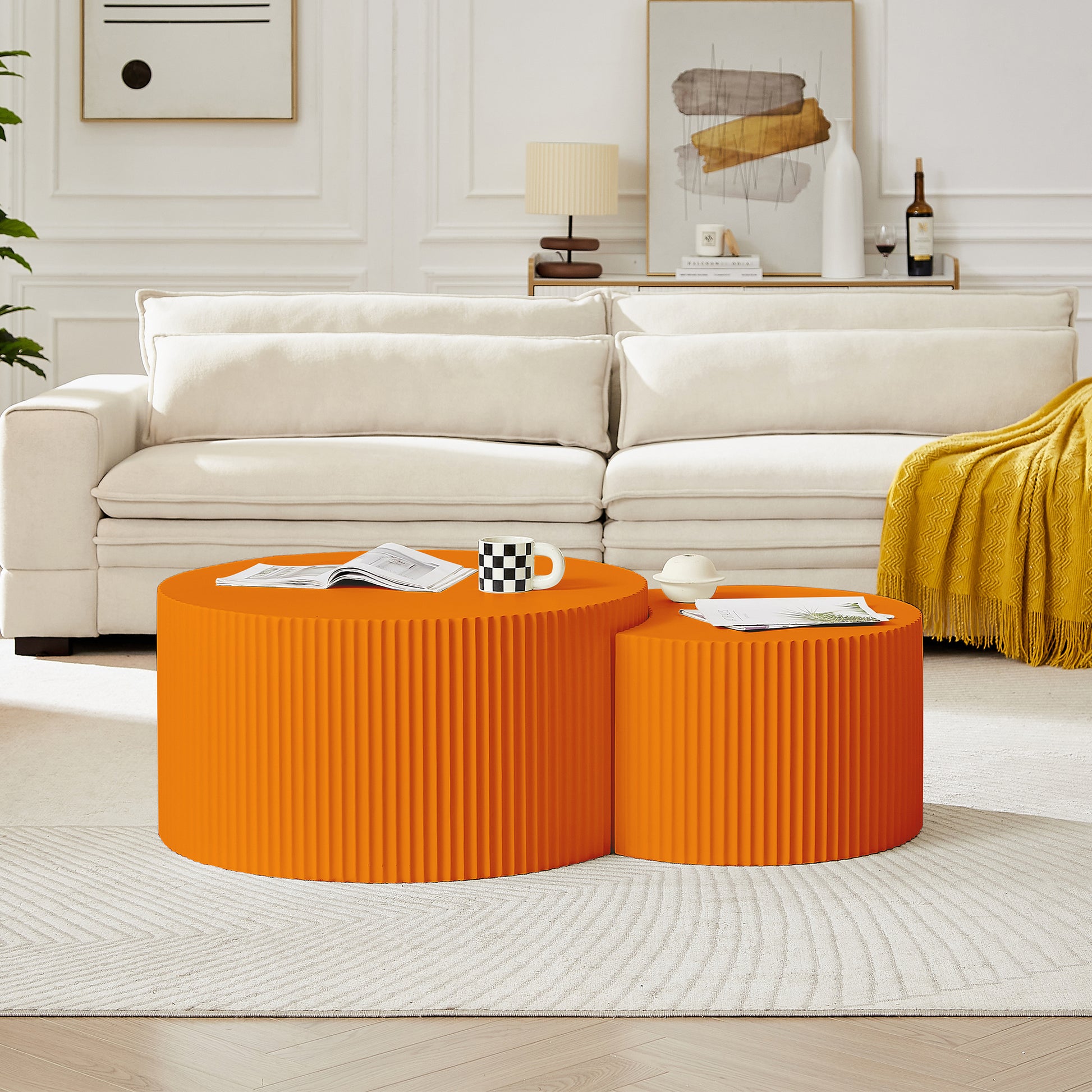 31.5Inch Nesting Table Set Of 2 Round And Half Moon Shapes, No Need Assembly, Bright Orange,For Living Room, Office, Any Leisure Area Orange Mdf