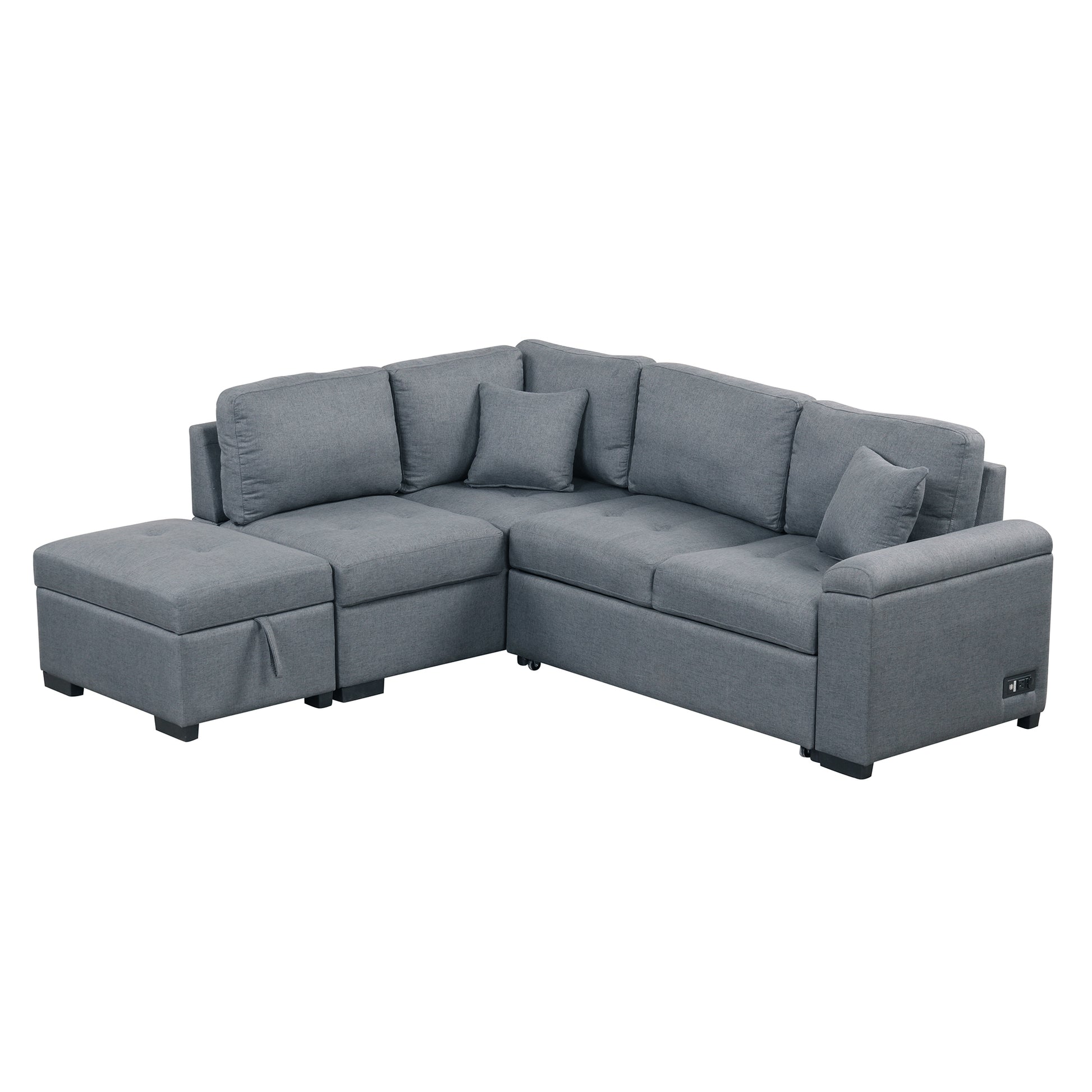 Sleeper Sectional Sofa, L Shape Corner Couch Sofa Bed With Storage Ottoman & Hidden Arm Storage & Usb Charge For Living Room Apartment, Dark Gray Dark Gray Linen 4 Seat