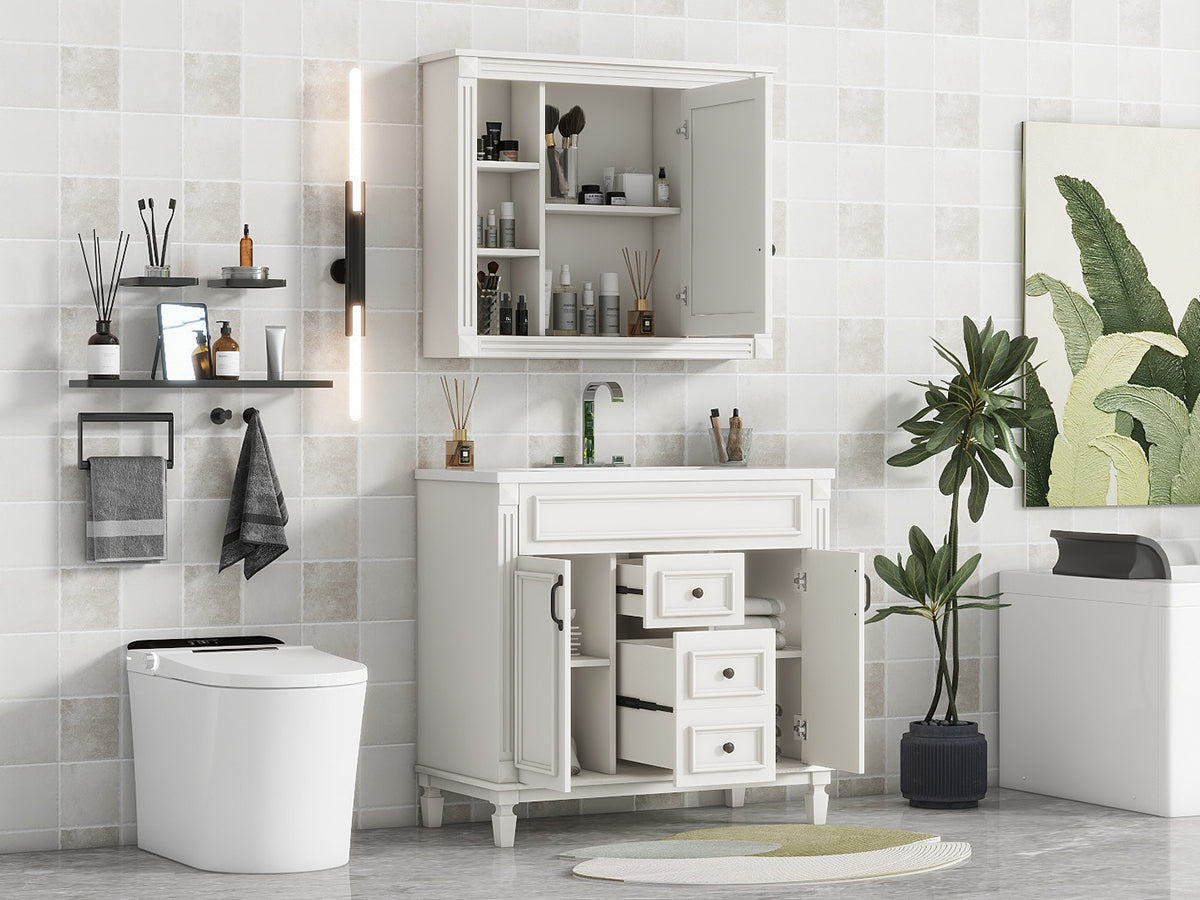 36'' Bathroom Vanity With Top Sink, White Mirror Cabinet, Modern Bathroom Storage Cabinet With 2 Soft Closing Doors And 2 Drawers, Single Sink Bathroom Vanity White Bathroom Mdf