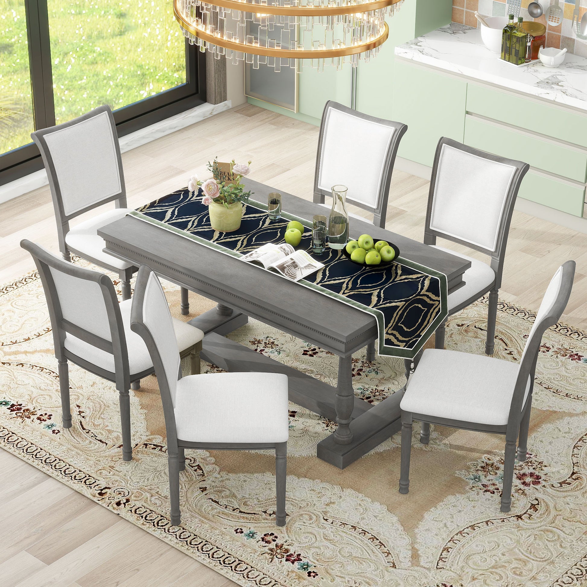 7 Piece Dining Table With 4 Trestle Base And 6 Upholstered Chairs With Slightly Curve And Ergonomic Seat Back Gray Upholstered Chair Wood Gray Seats 6 Wood Dining Room Distressed Finish American Design,Antique Trestle Rectangular Dining Table With Chair