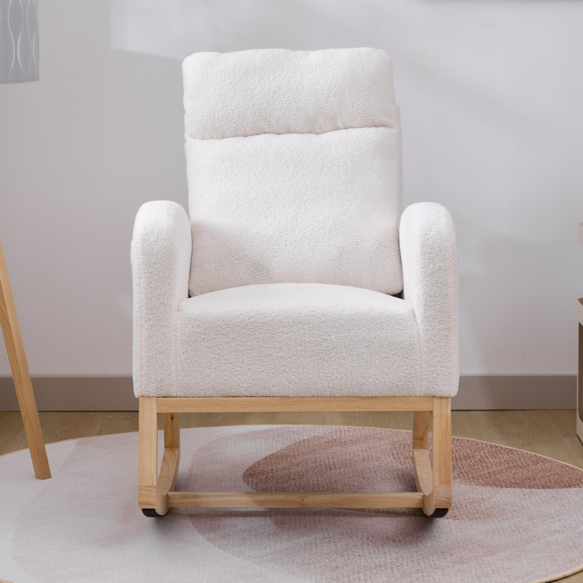 Modern Accent Rocking Chair Rocking Chair With Solid Wood Legs, Upholstered Nursery Glider Rocker, Comfy Armchair With Side Pocket, Living Room Lounge Arm Chair With High Backrest White,Teddy White White Primary Living Space Casual Foam Teddy