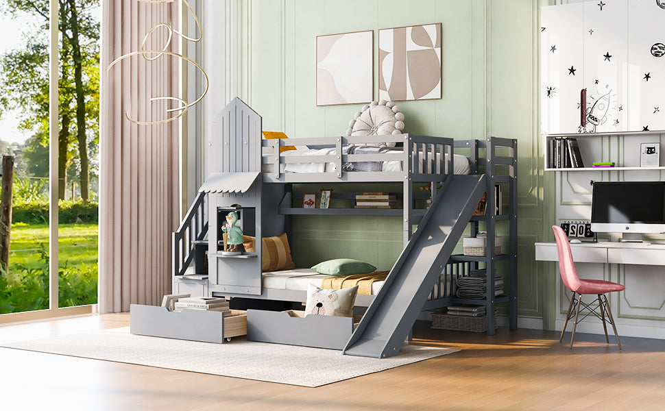 Twin Over Twin Castle Style Bunk Bed With 2 Drawers 3 Shelves And Slide Gray Gray Solid Wood