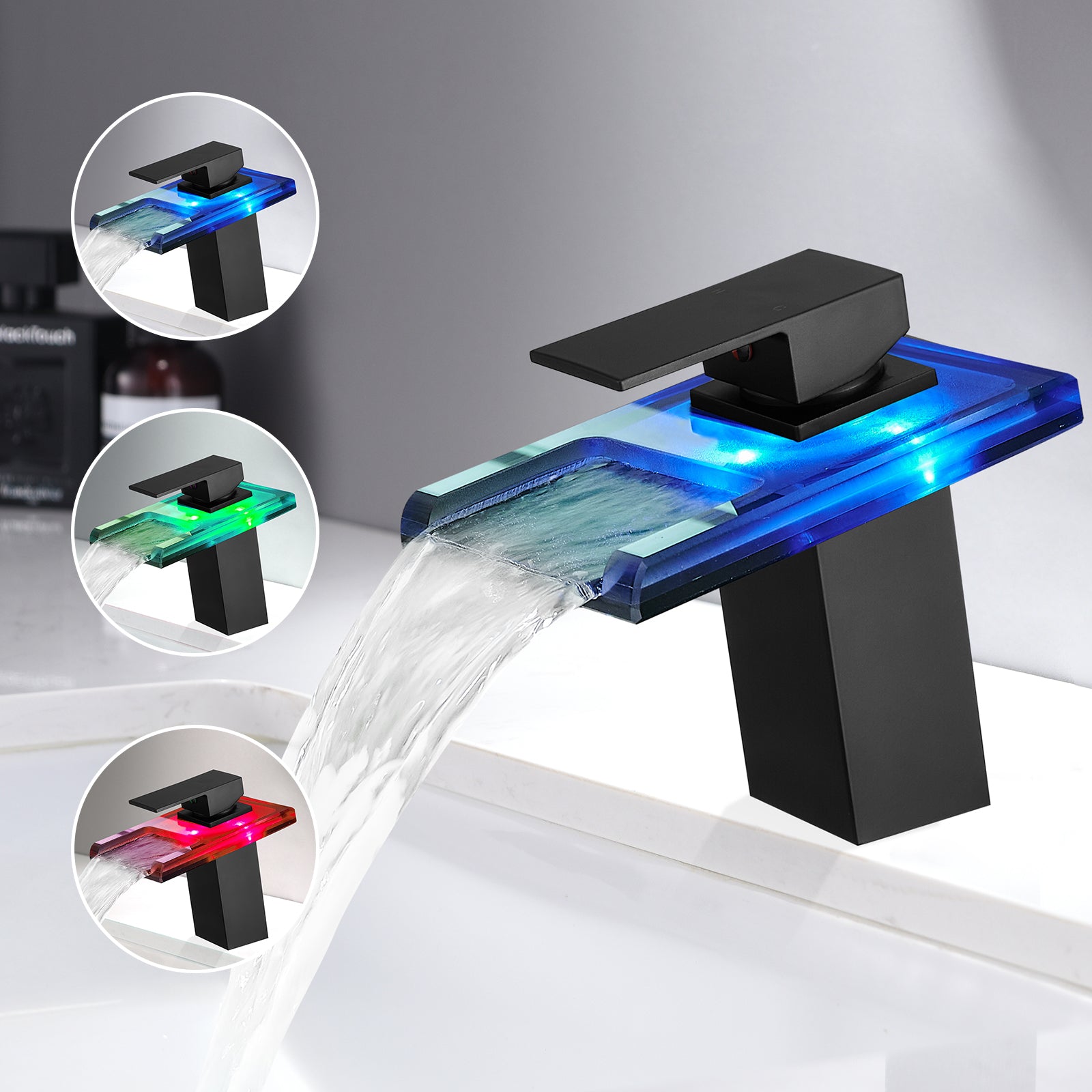 Bathroom Sink Faucet Led Light 3 Colors Changing Waterfall Glass Spout Hot Cold Water Mixer Single Handle One Hole Deck Mounted Bathroom Faucet Black Lavatory Vanity Basin Bath Plumbing Fixtures Bathroom Knob Handles Geometric One Black Side Sprayer Deck