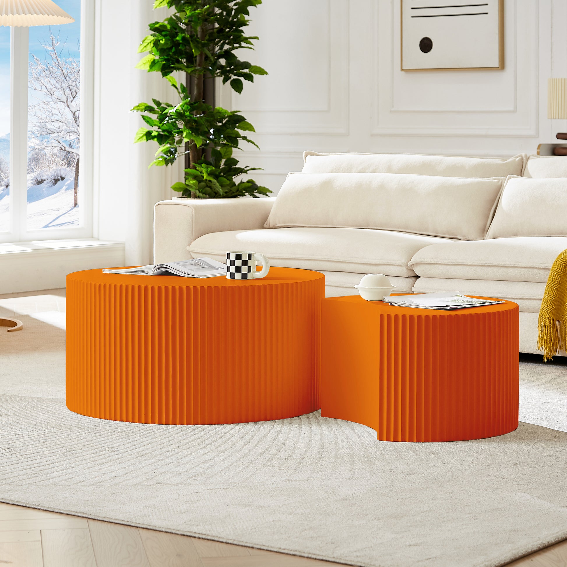 31.5Inch Nesting Table Set Of 2 Round And Half Moon Shapes, No Need Assembly, Bright Orange,For Living Room, Office, Any Leisure Area Orange Mdf