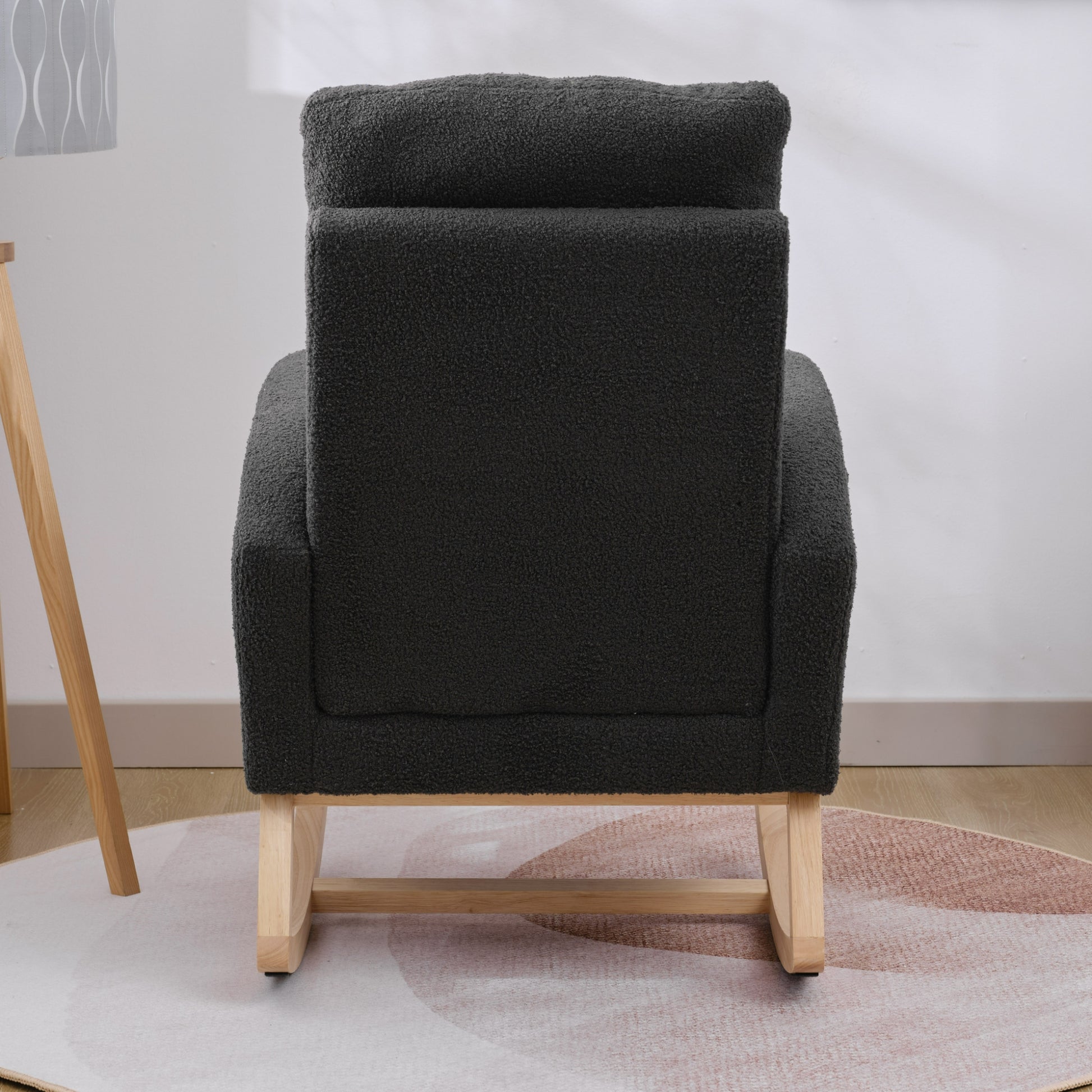 Modern Accent Rocking Chair Rocking Chair With Solid Wood Legs, Upholstered Nursery Glider Rocker, Comfy Armchair With Side Pocket, Living Room Lounge Arm Chair With High Backrest Dark Grey,Teddy Dark Grey White Primary Living Space Casual Foam Teddy