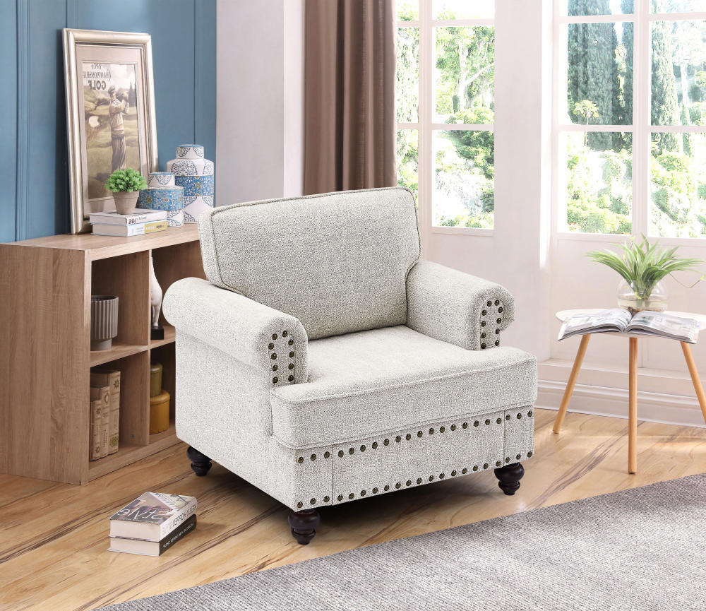 Chenille Modern Upholstered Sofas 1 Seater Couches With Nails And Armrests White White Primary Living Space American Design Polyester Chenille