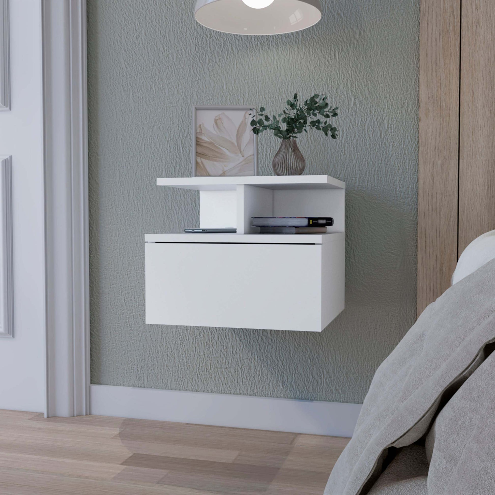 Augusta Floating Nightstand With 2 Tier Shelf And 1 Drawer White Mdf Engineered Wood