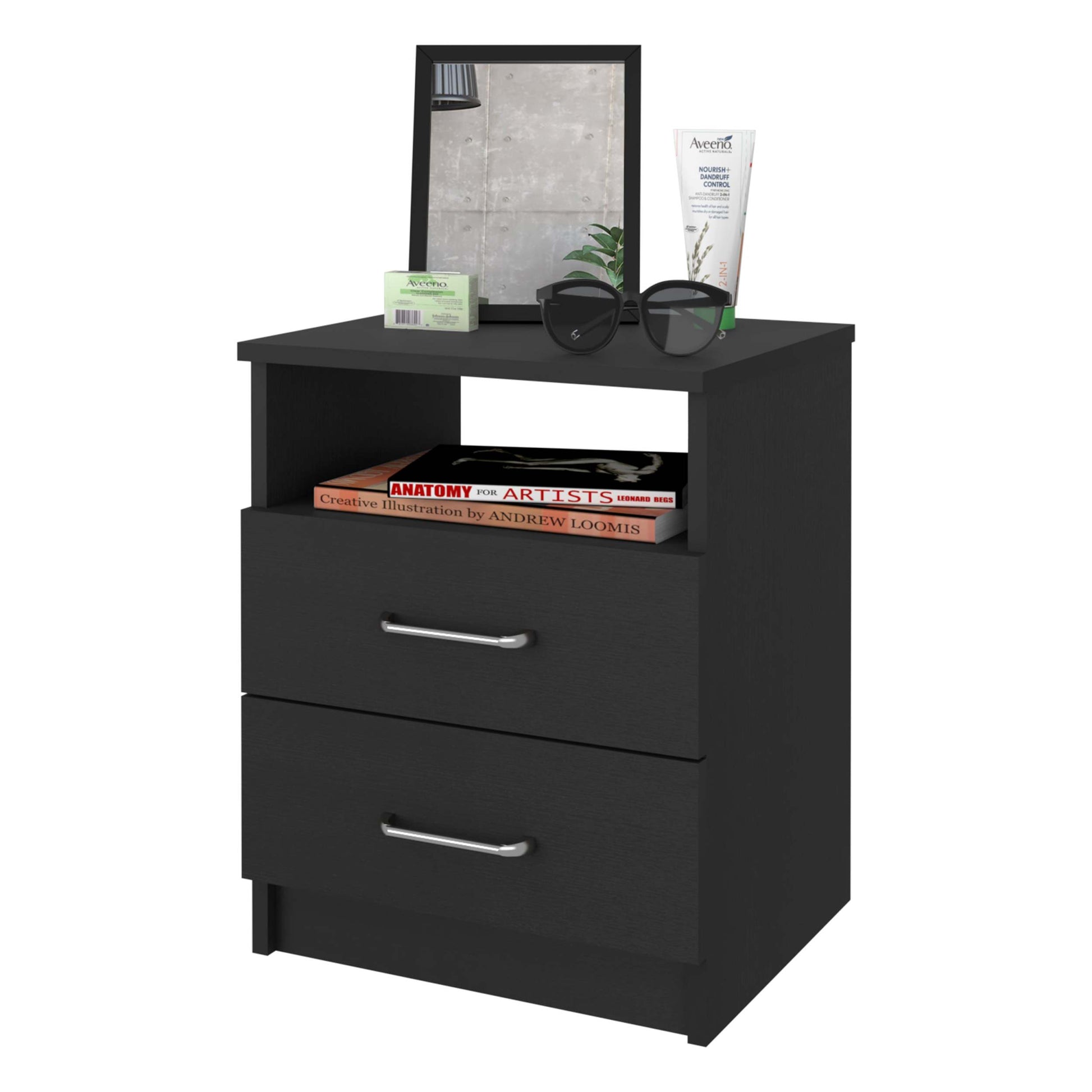 Oklahoma Nightstand,Two Drawers, One Shelf Black Mdf Engineered Wood