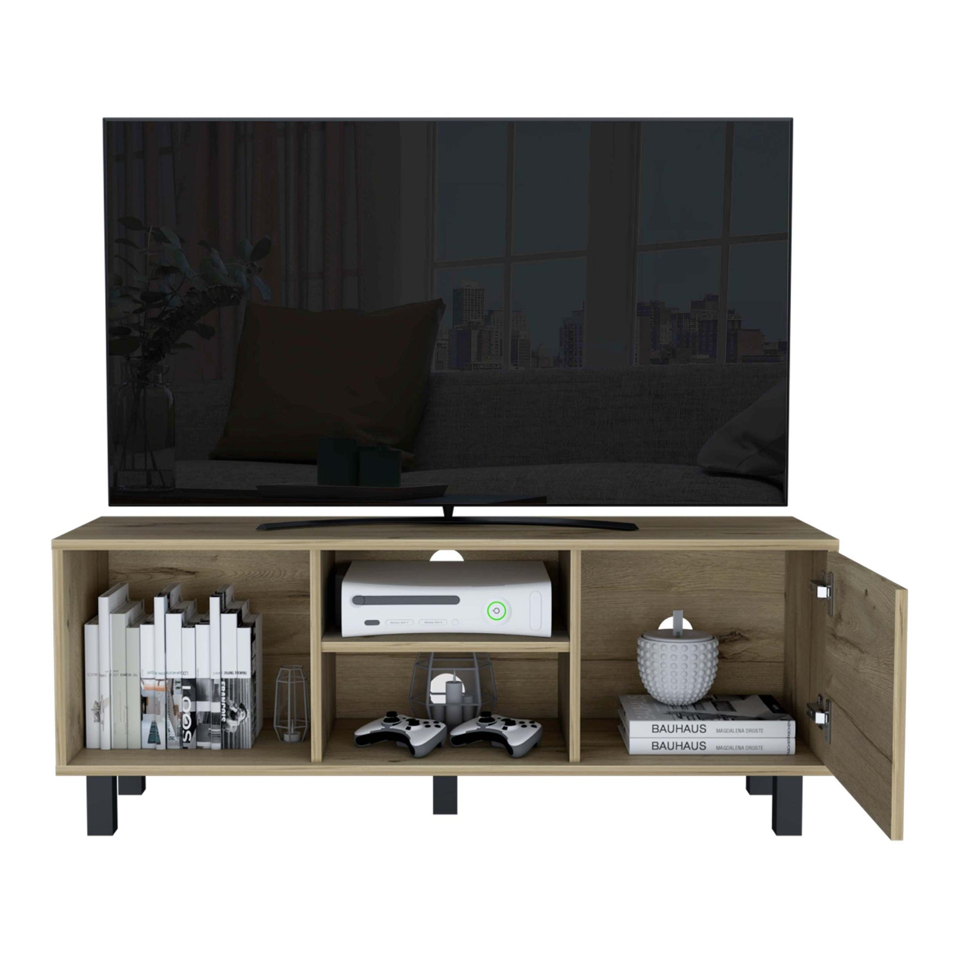 Rome Tv Stand For Tv S Up 43", Two Open Shelves, One Cabinet, One Big Open Shelf Beige Mdf Engineered Wood