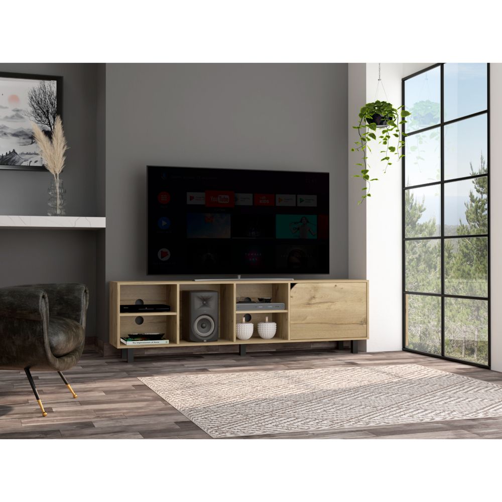 Native Tv Stand For Tv S Up 70", Four Open Shelves, Five Legs Beige Mdf Engineered Wood