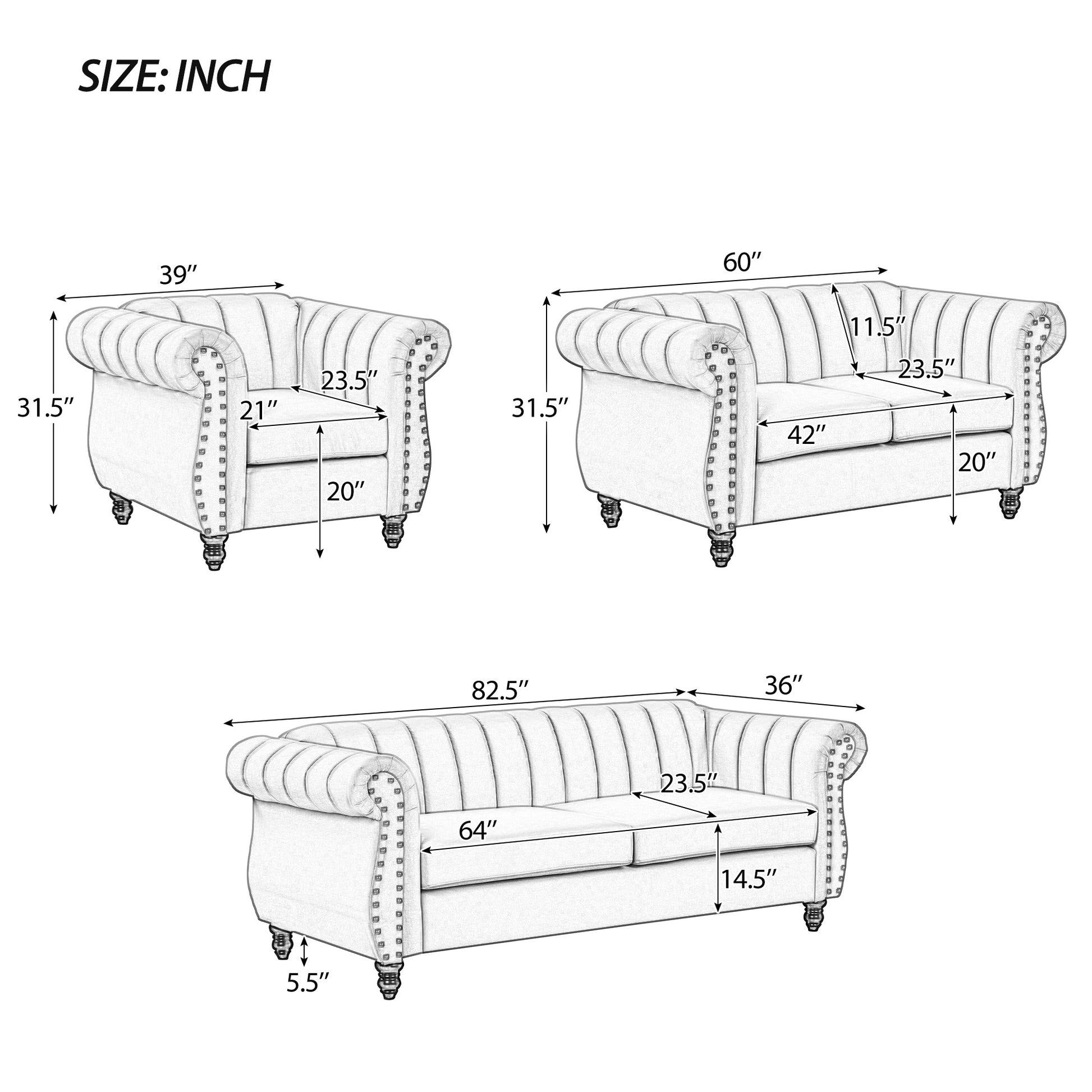 82.5" Modern Sofa Dutch Fluff Upholstered Sofa With Solid Wood Legs, Buttoned Tufted Backrest,Gray Gray Foam Polyester