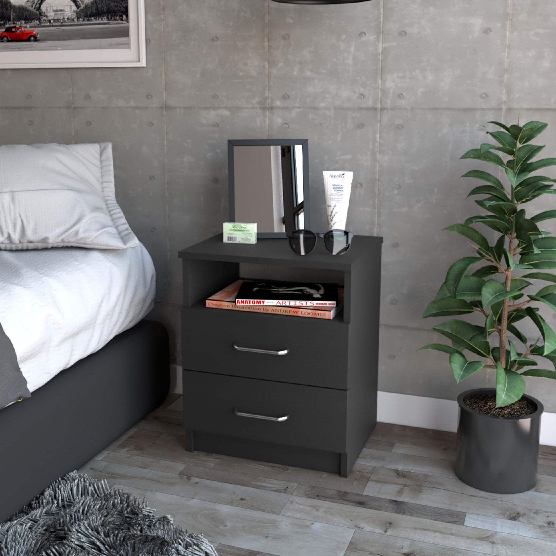 Oklahoma Nightstand,Two Drawers, One Shelf Black Mdf Engineered Wood