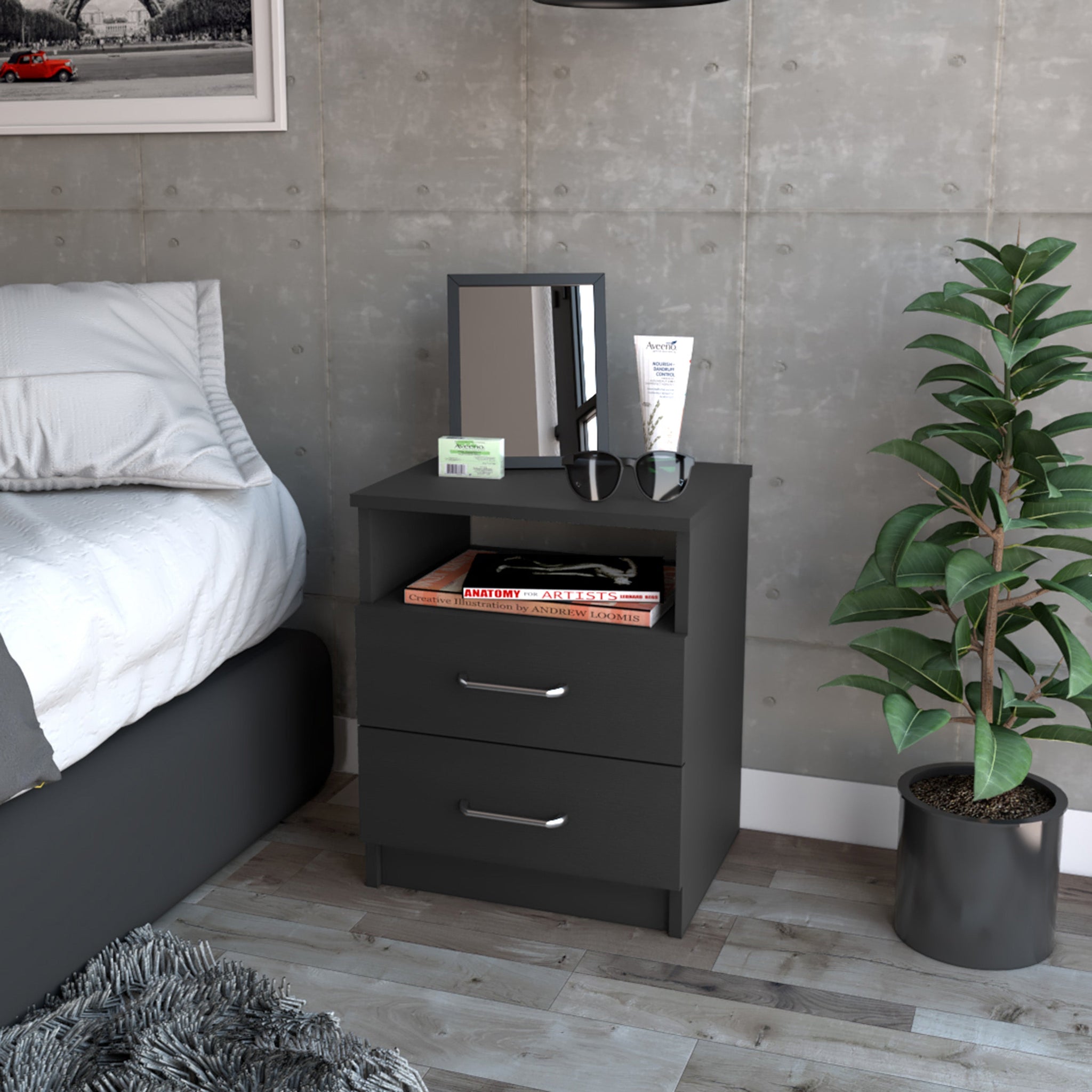 Oklahoma Nightstand,Two Drawers, One Shelf Black 2 Drawers Bedroom Rectangle Modern Shelf Mdf Engineered Wood