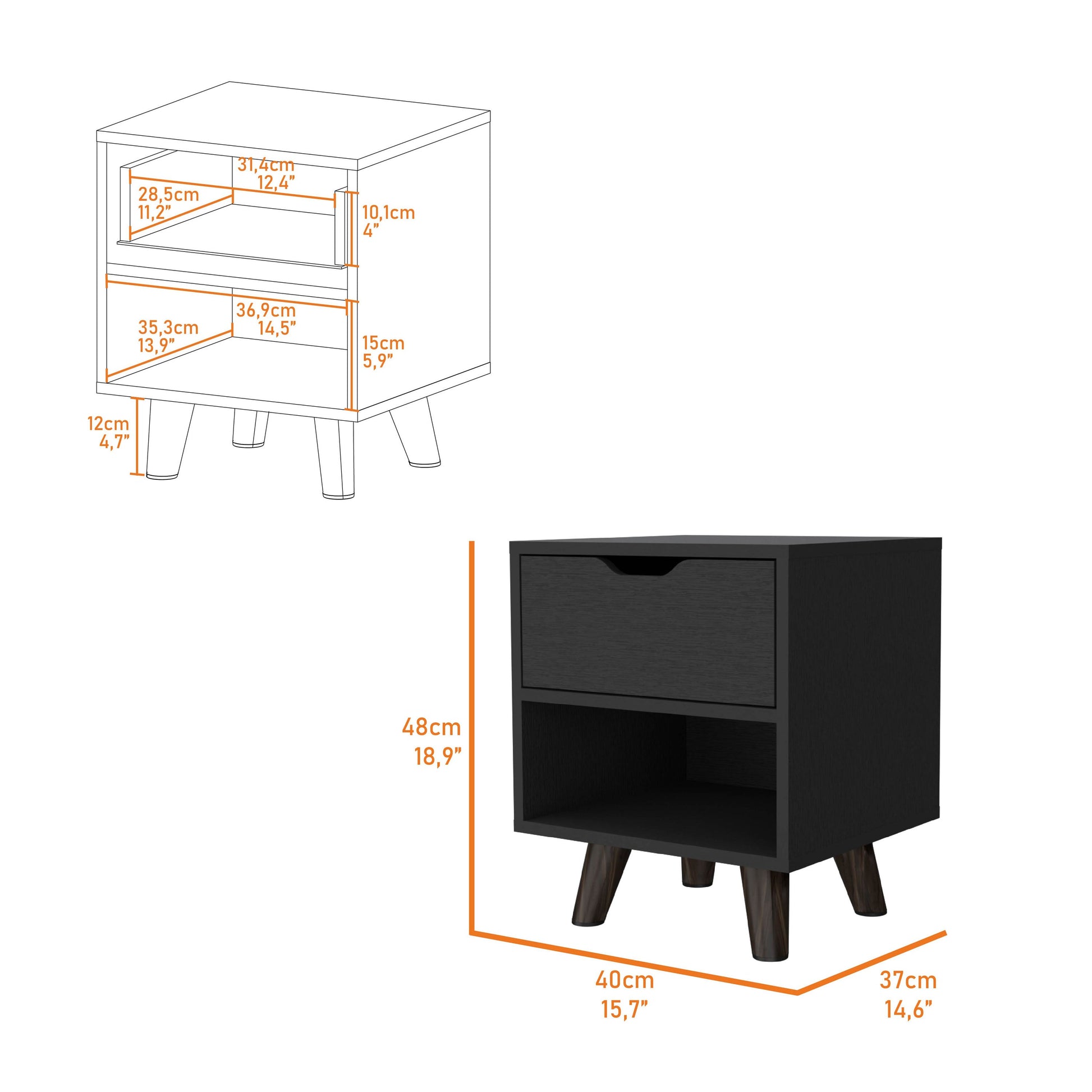 Carthage Nightstand With 1 Drawer, 1 Open Storage Shelf And Wooden Legs White Mdf Engineered Wood