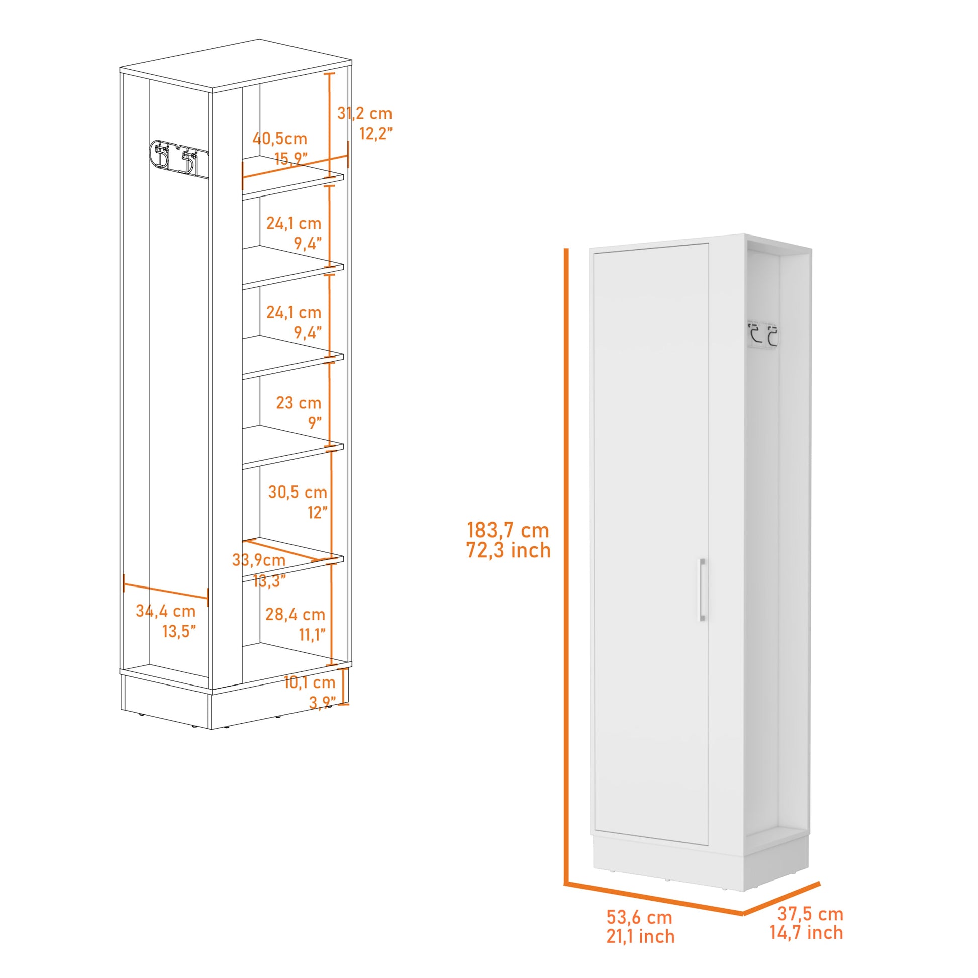 Nampa Storage Cabinet, Single Door, Broom Hangers ,White White Mdf Engineered Wood