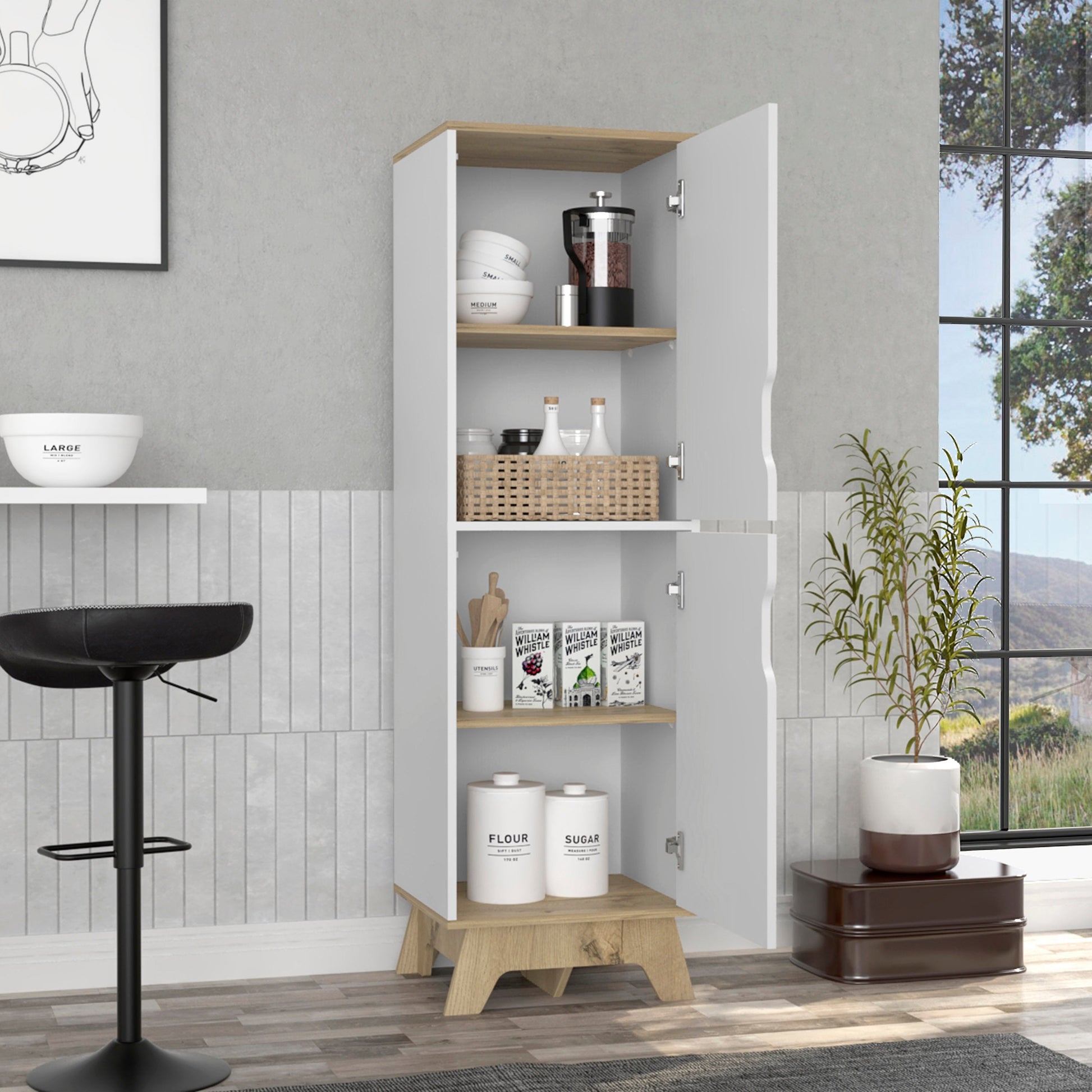 British Single Kitchen Pantry, Four Storage Shelves, Double Doors Cabinets Multicolor Mdf Engineered Wood