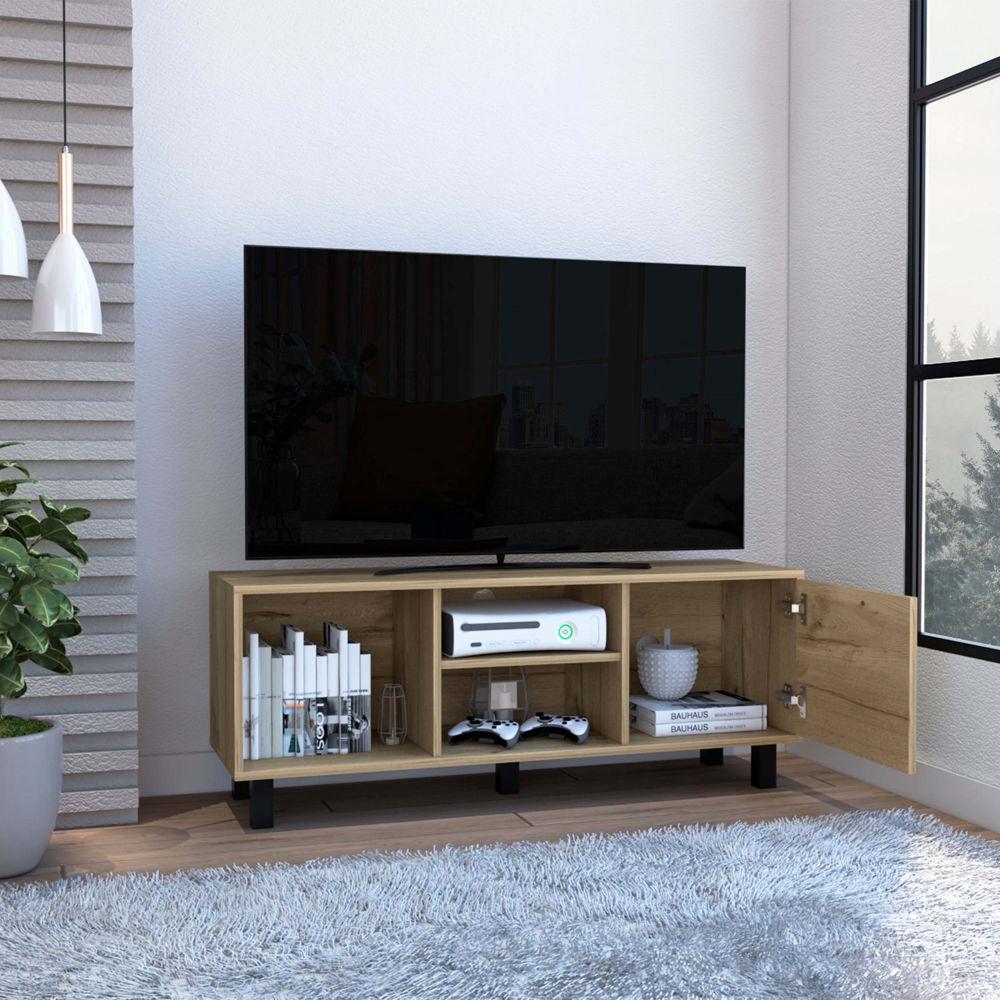 Rome Tv Stand For Tv S Up 43", Two Open Shelves, One Cabinet, One Big Open Shelf Beige Mdf Engineered Wood