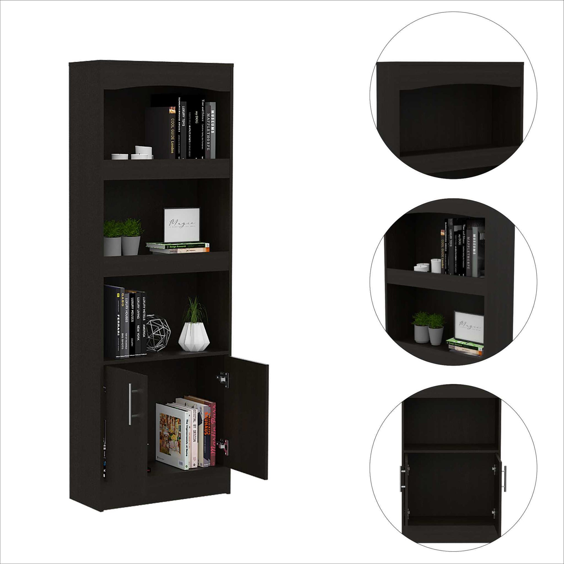 Durango Bookcase, Three Shelves, Double Door Cabinet Black Mdf Engineered Wood