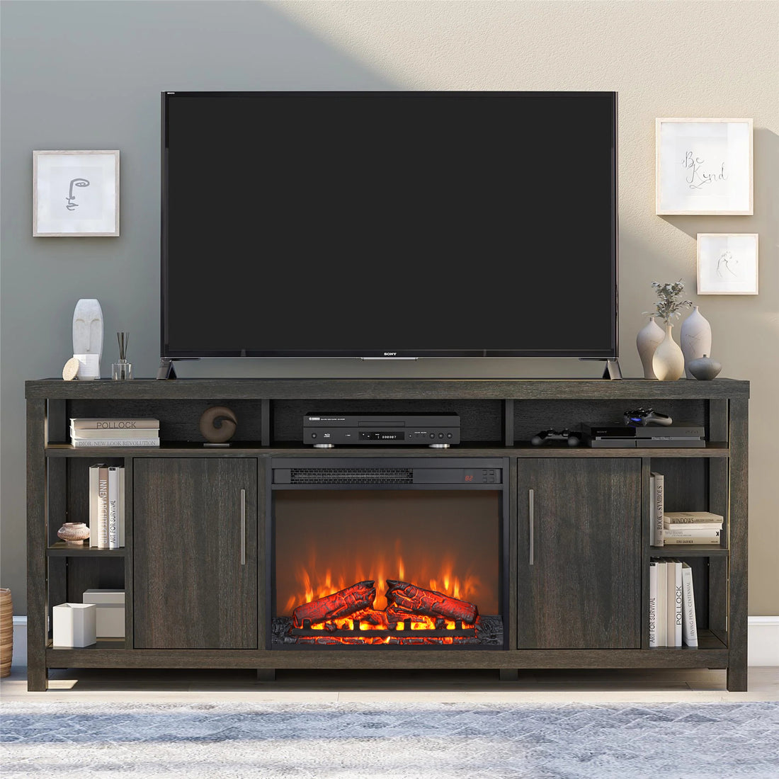 23 Inch Electric Fireplace Insert, Ultra Thin Heater With Log Set & Realistic Flame, Remote Control With Timer, Overheating Protection Antique Black Tempered Glass Sheet Metal Plastic