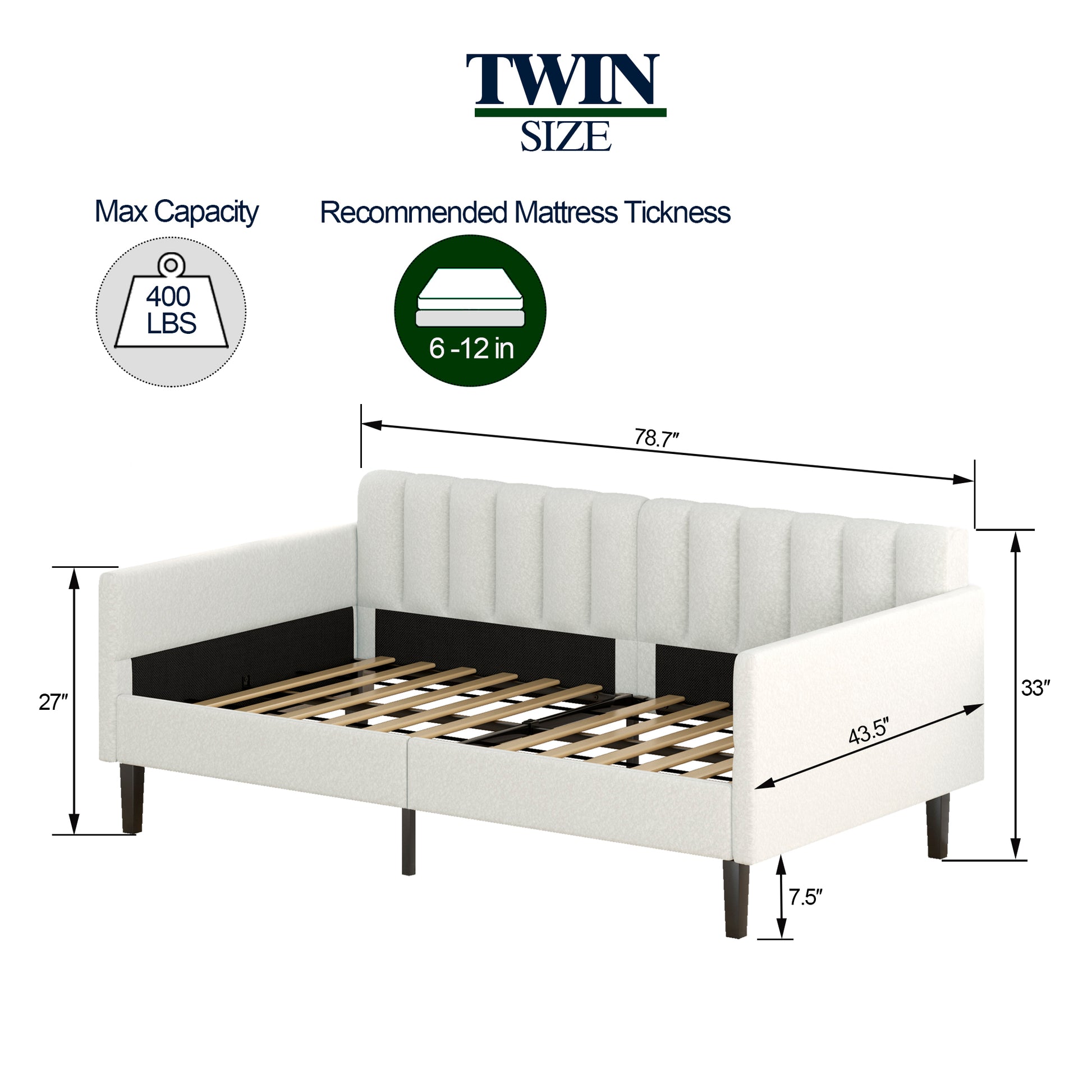 Same As B083121460 Elena Twin Size Ivory Boucle Upholstered Daybed, Ribbed Tufted Backrest, Daybed In Lavish Modern Design, Richly Hued Foam Comfort Box Spring Not Required Twin Ivory Metal Bedroom Classic,Modern,Traditional,Transitional Boucle Boucle