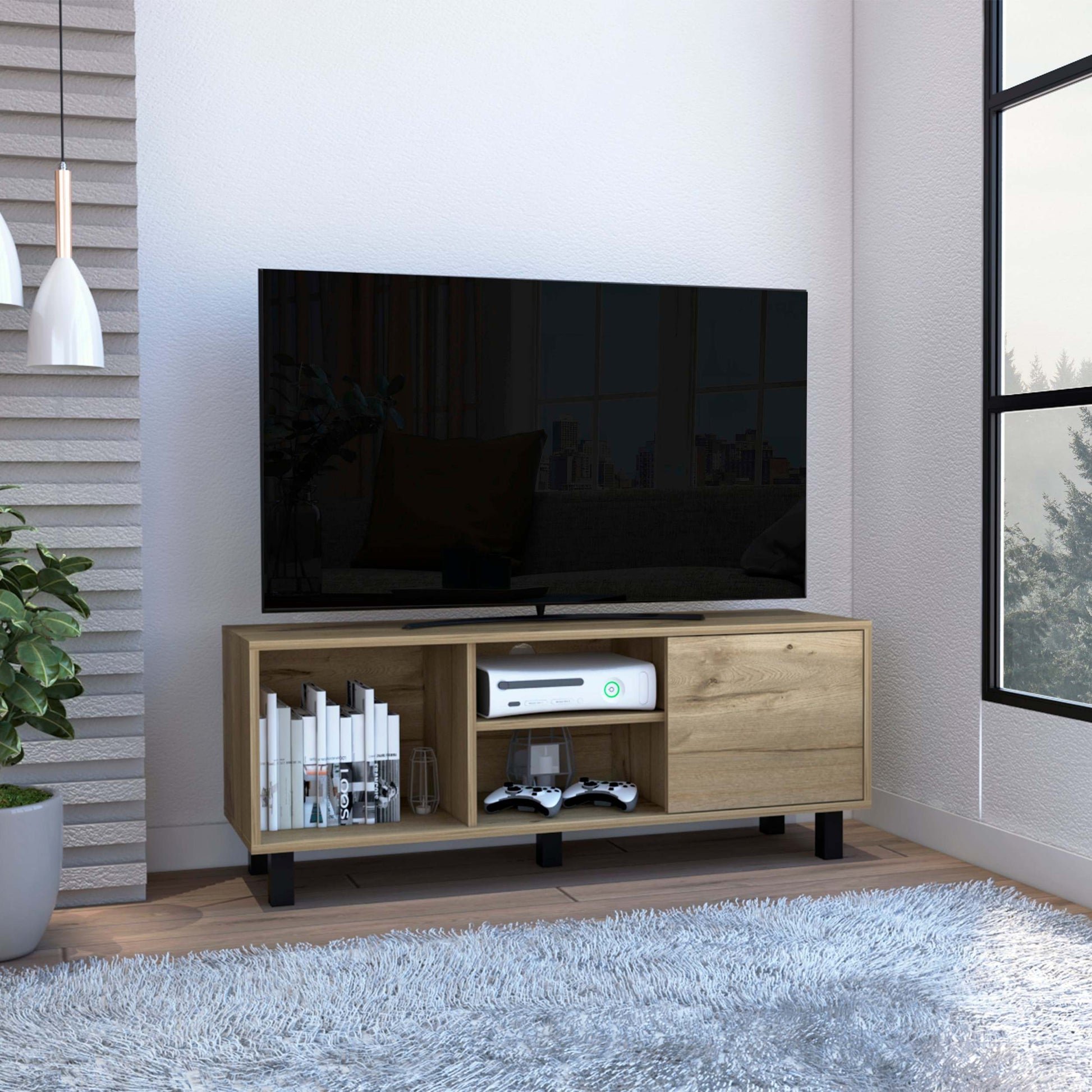 Rome Tv Stand For Tv S Up 43", Two Open Shelves, One Cabinet, One Big Open Shelf Beige Mdf Engineered Wood