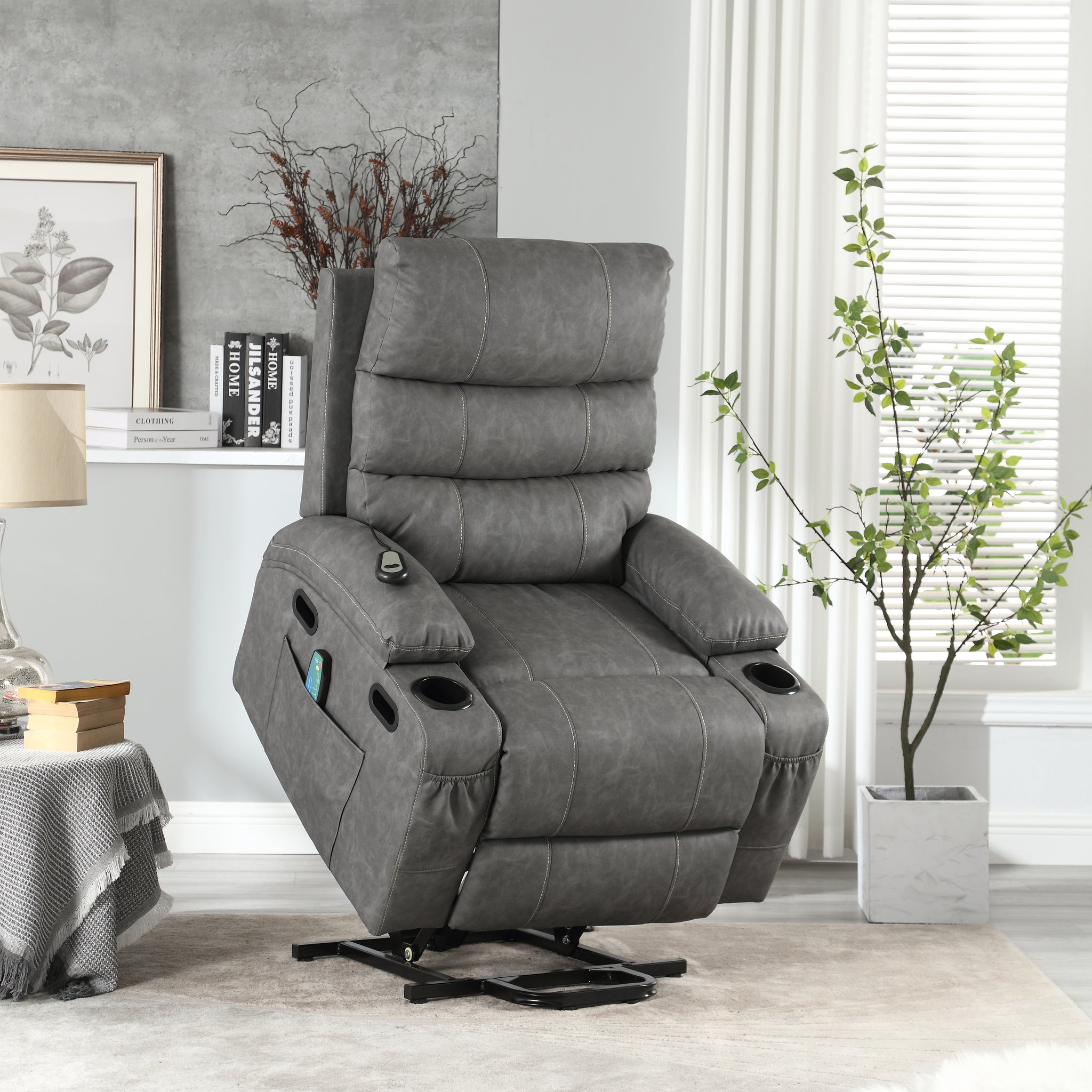 21"Seat Width,Large Size Electric Power Lift Recliner Chair Sofa For Elderly, 8 Point Vibration Massage And Lumber Heat, Remote Control, Side Pockets And Cup Holders, Cozy Fabric, Overstuffed Arm Pu Gray Pu