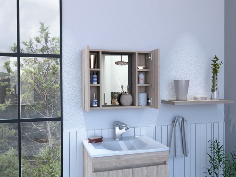 Draco Medicine Cabinet, Mirror, Double Door, One External Shelf Beige 2 1 Bathroom Wall Mounted Modern Mdf Engineered Wood