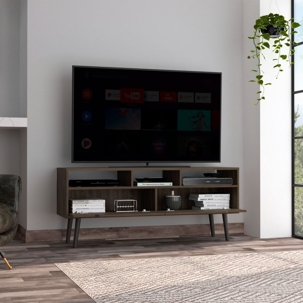 Hamburg Tv Stand For Tv S Up 60", Four Legs, Three Open Shelves Brown Primary Living Space 50 59 Inches 50 59 Inches Contemporary 60 Inches Melamine Engineered Wood