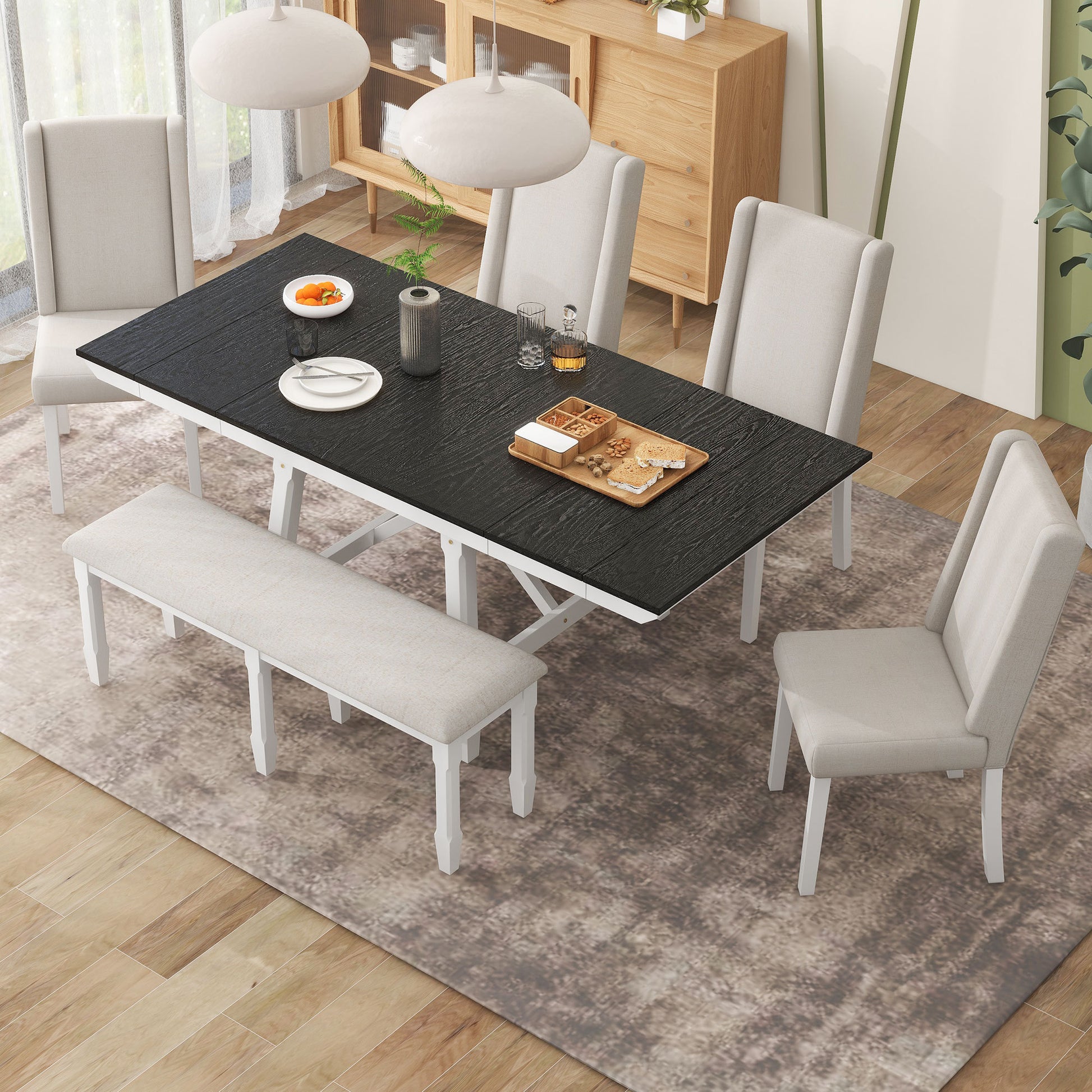 6 Piece Classic Dining Table Set, Rectangular Extendable Dining Table With Two 12"W Removable Leaves And 4 Upholstered Chairs & 1 Bench For Dining Room White Black White Black Solid Wood