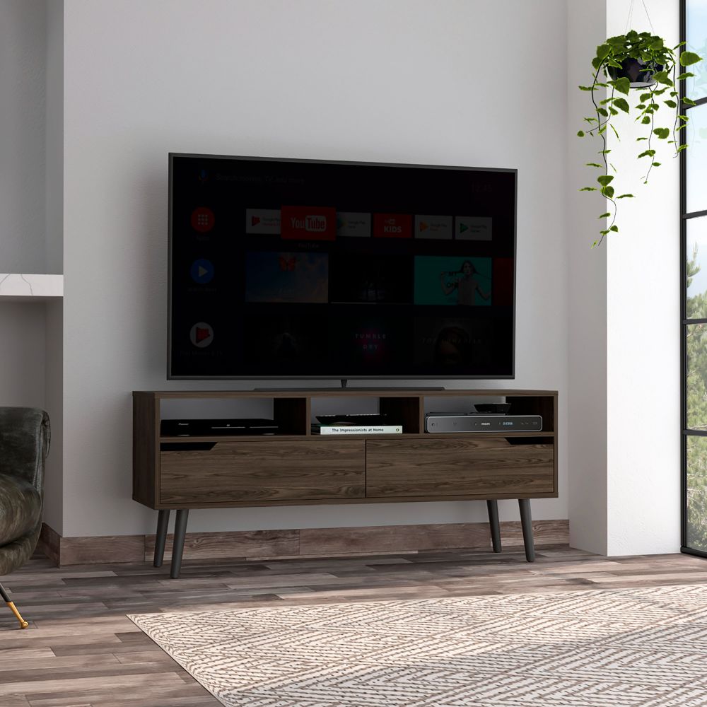 Hamburg Tv Stand For Tv S Up 60", Four Legs, Three Open Shelves Brown Primary Living Space 50 59 Inches 50 59 Inches Contemporary 60 Inches Melamine Engineered Wood