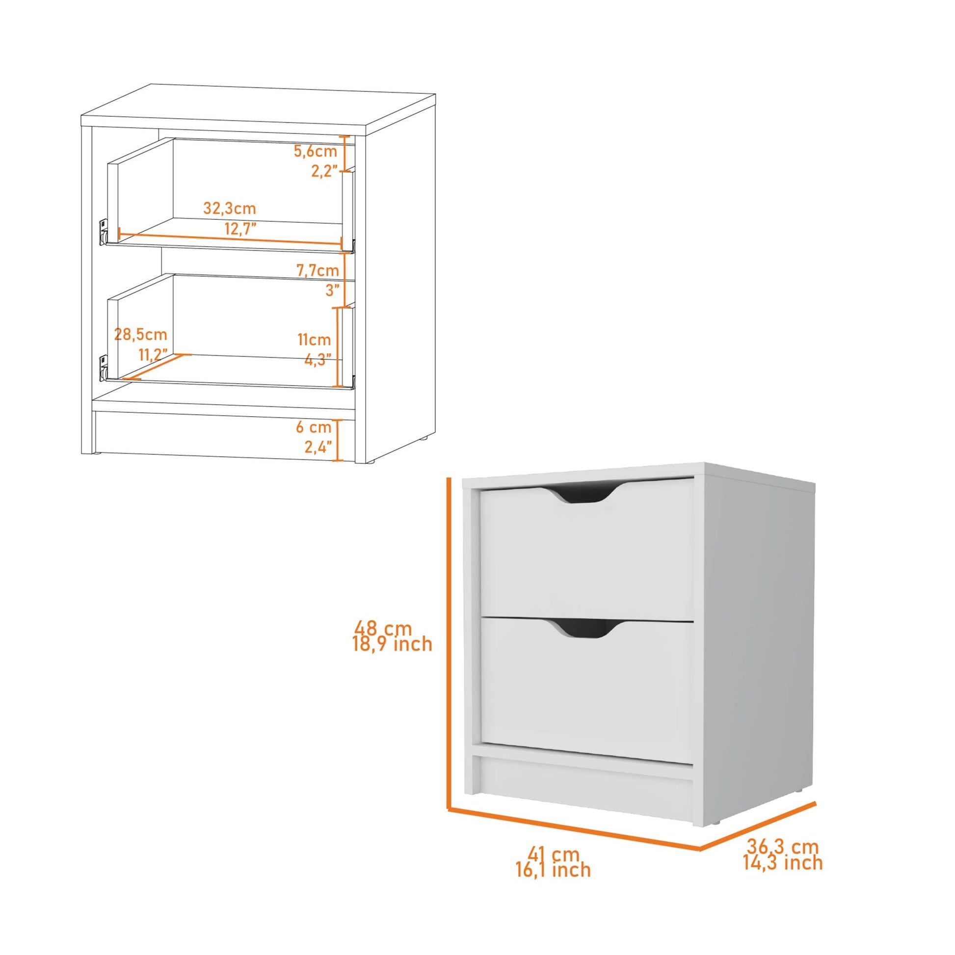 Dillon 2 Drawers Nightstand, Bedside Table With Storage White Mdf Engineered Wood