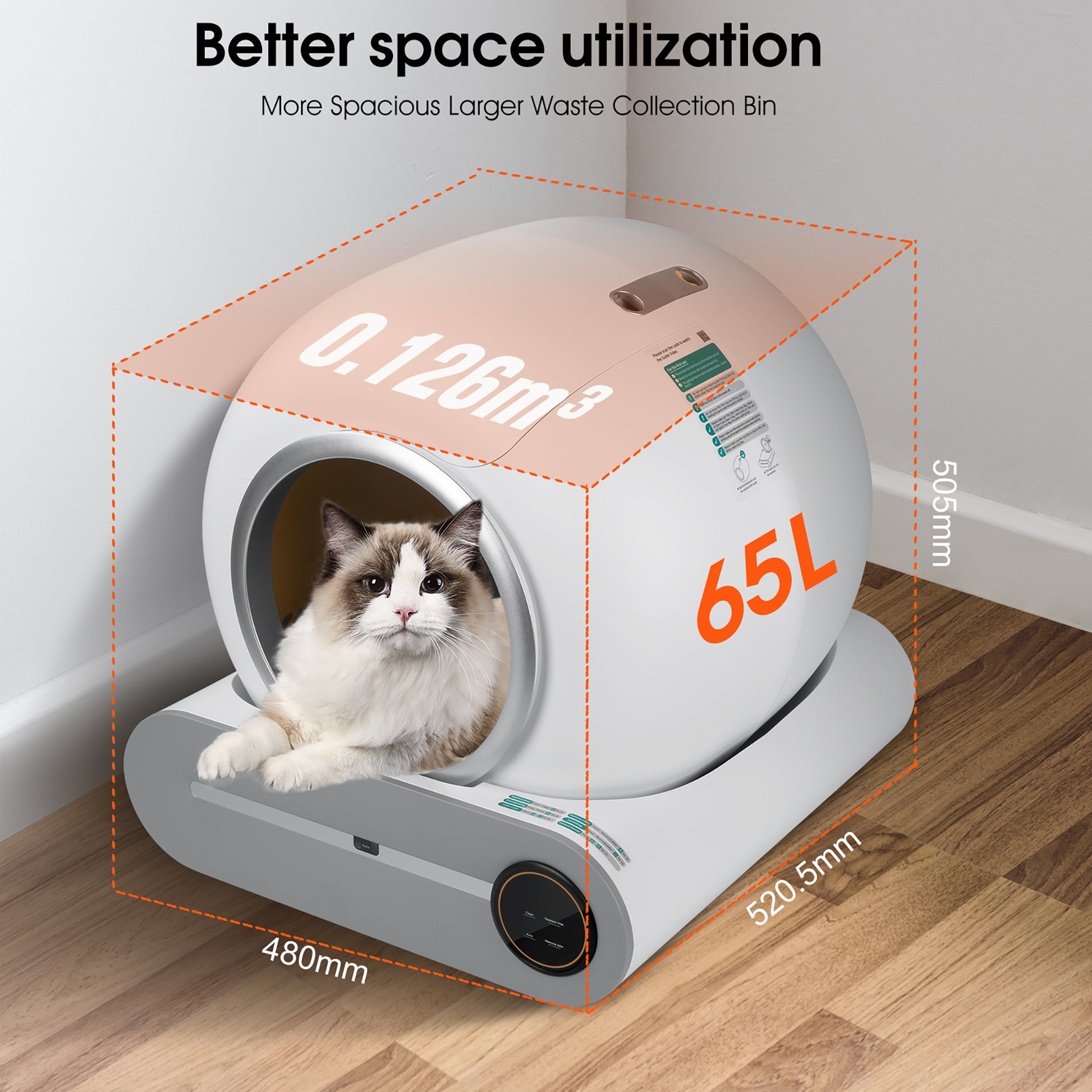 Self Cleaning Cat Litter Box, Automatic Scooping And Odor Removal, App Control Support 2.4G Wifi, Smart Automatic Cat Litter Box With Liner White Gray Polypropylene