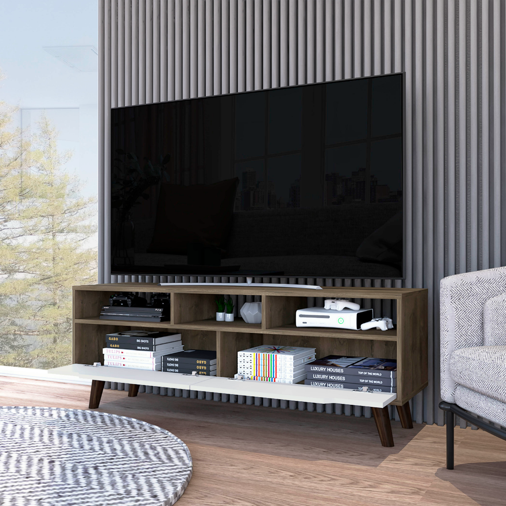 Hamburg Tv Stand For Tv S Up 52", Four Legs, Three Open Shelves,Two Upturned Drawers Multicolor 60 69 Inches Mdf Engineered Wood