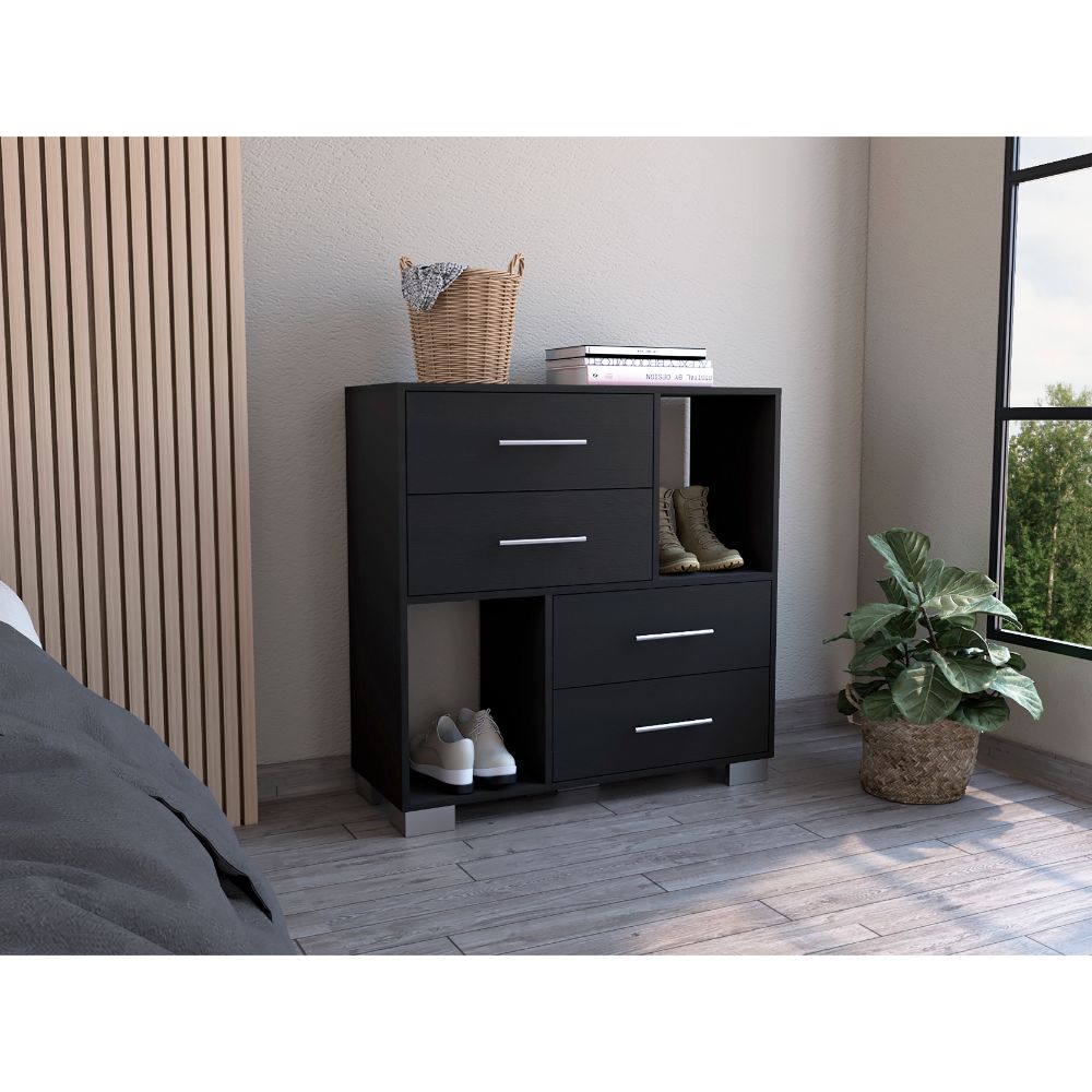 Sunflower Dresser, Four Drawers, Two Open Shelves Black Mdf Engineered Wood