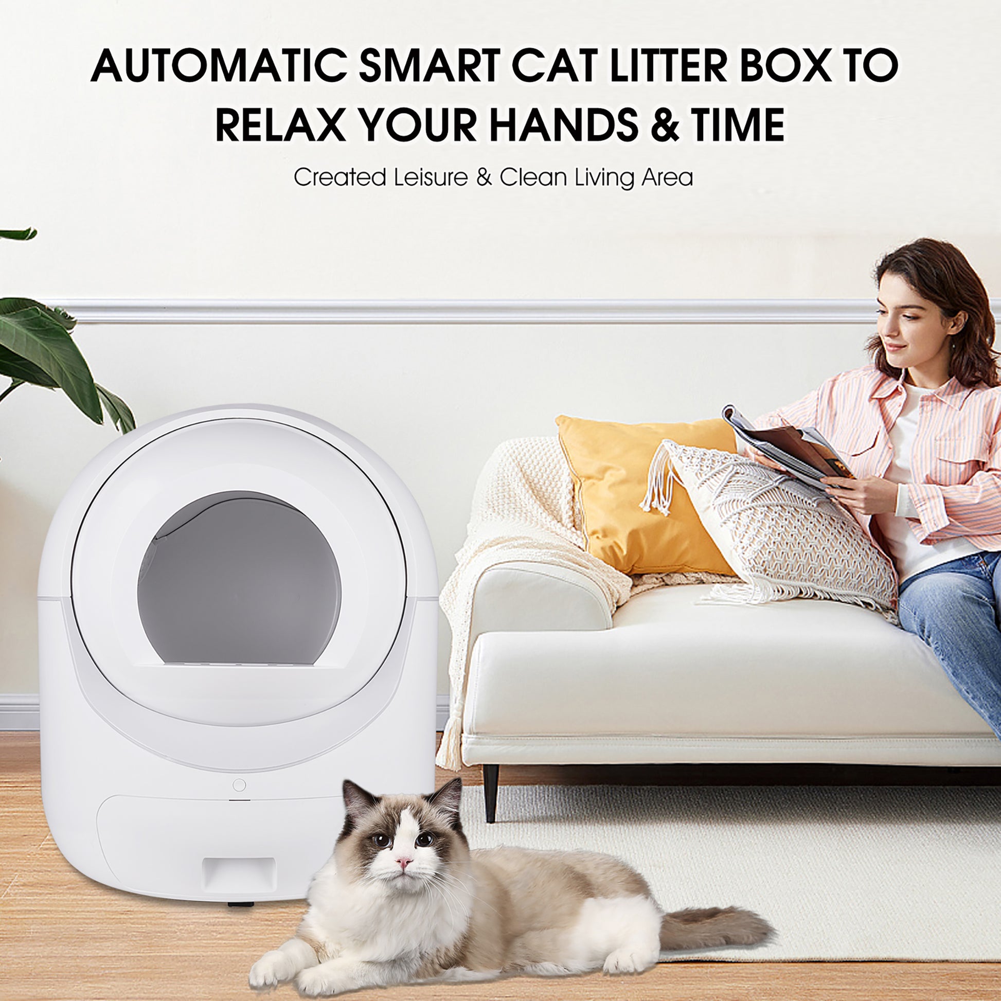 Smart Automatic Cat Litter Box,Automatic Scooping And Odor Removal, App Control, Support 5G&2.4G Wifi For Multiple Cats, Double Odor Removal White Abs