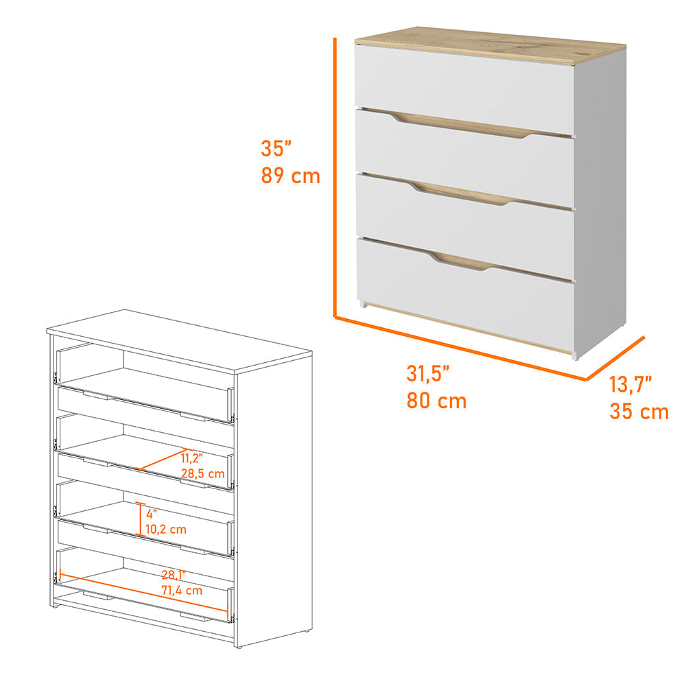 California Drawer Dresser, Four Spacious Drawers, Superior Top Multicolor Modern Melamine Engineered Wood