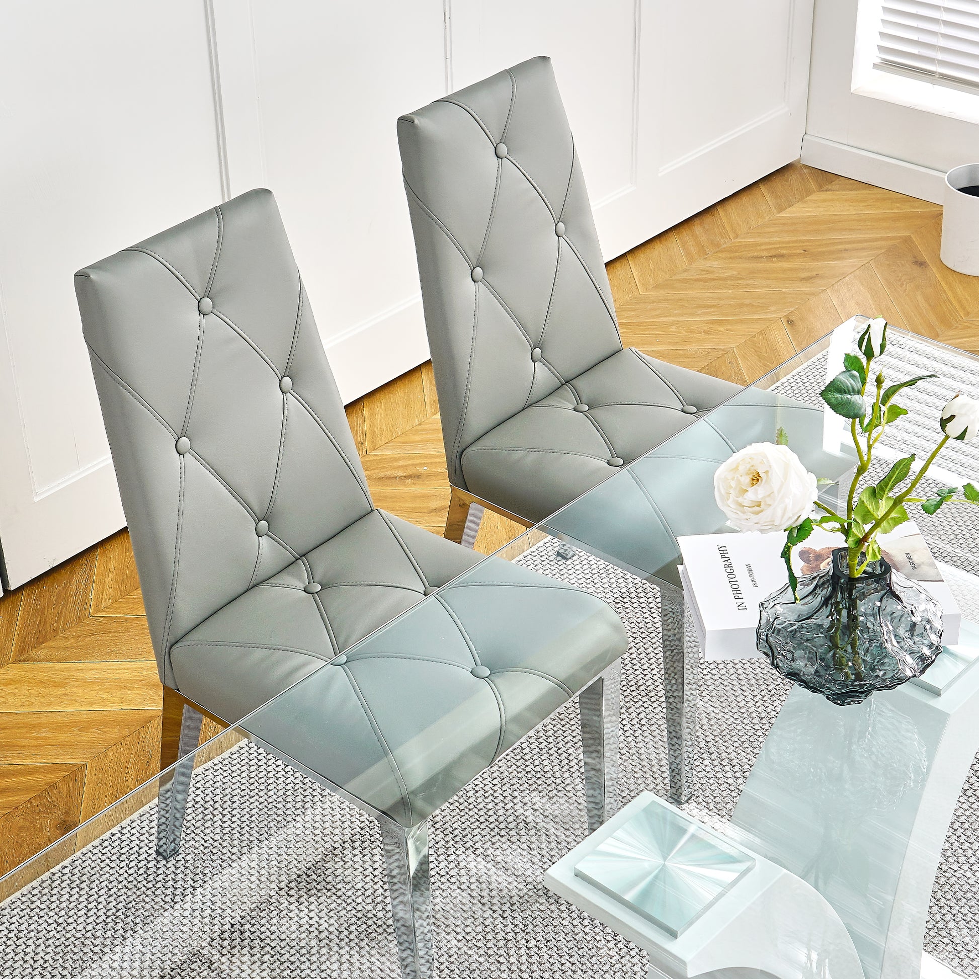 Modern Simple Light Luxury Dining Chair Grey Chair Home Bedroom Stool Back Pu Electroplated Chair Legs Set Of 2 Metal Grey Silver Pu