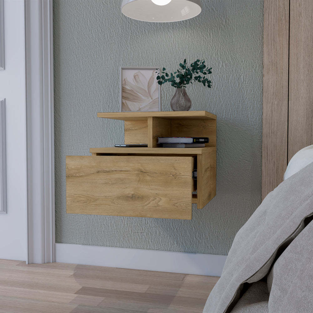 Augusta Floating Nightstand With 2 Tier Shelf And 1 Drawer Beige Mdf Engineered Wood