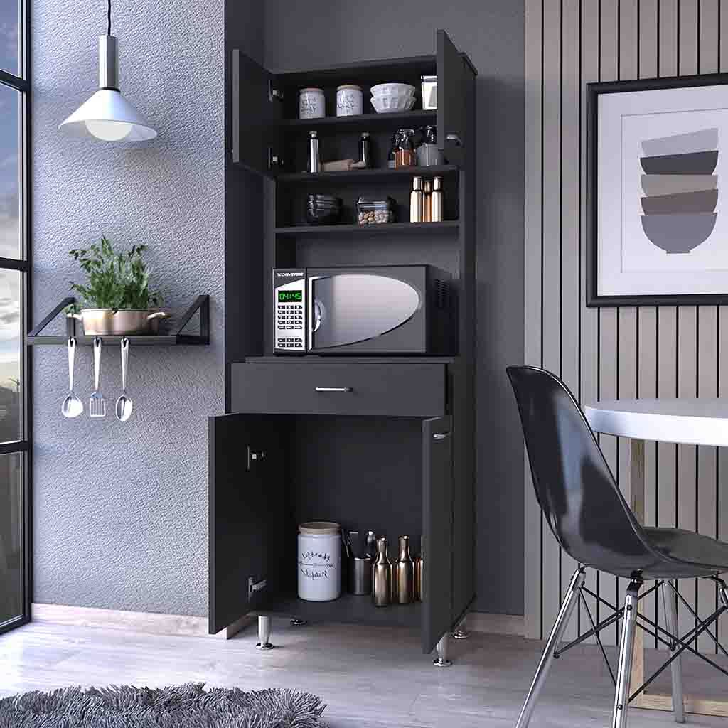 Bay Area Pantry, Two Door Cabinets, One Drawer, Four Adjustable Metal Legs Black Mdf Engineered Wood