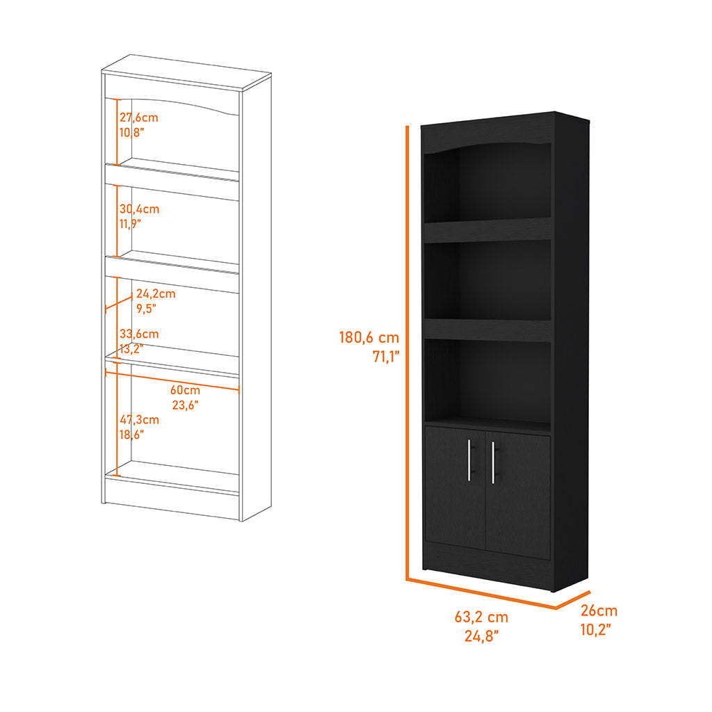 Durango Bookcase, Three Shelves, Double Door Cabinet Black Mdf Engineered Wood