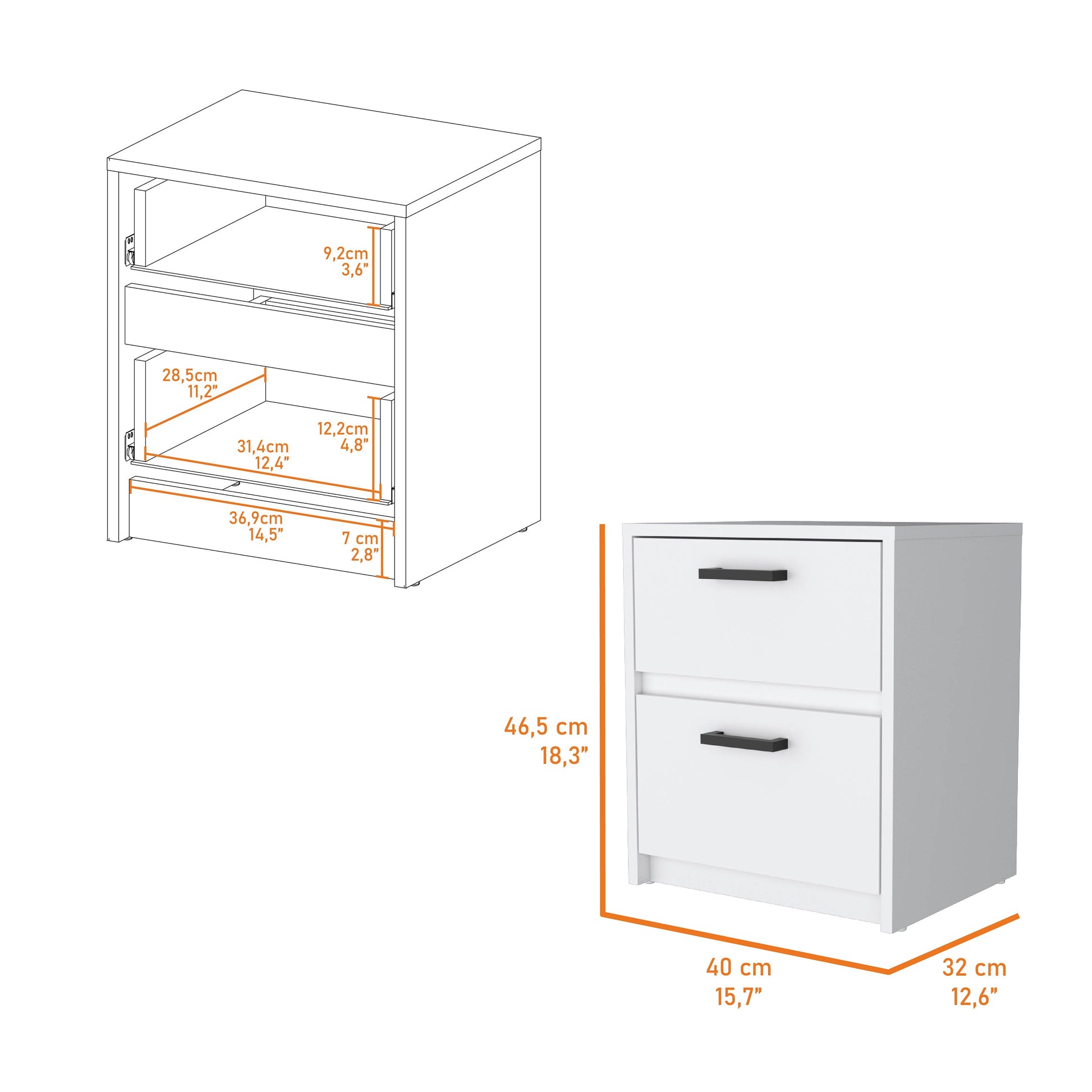 Myrtle 2 Drawers Nightstand, Bedside Table With Metal Handles White Mdf Engineered Wood