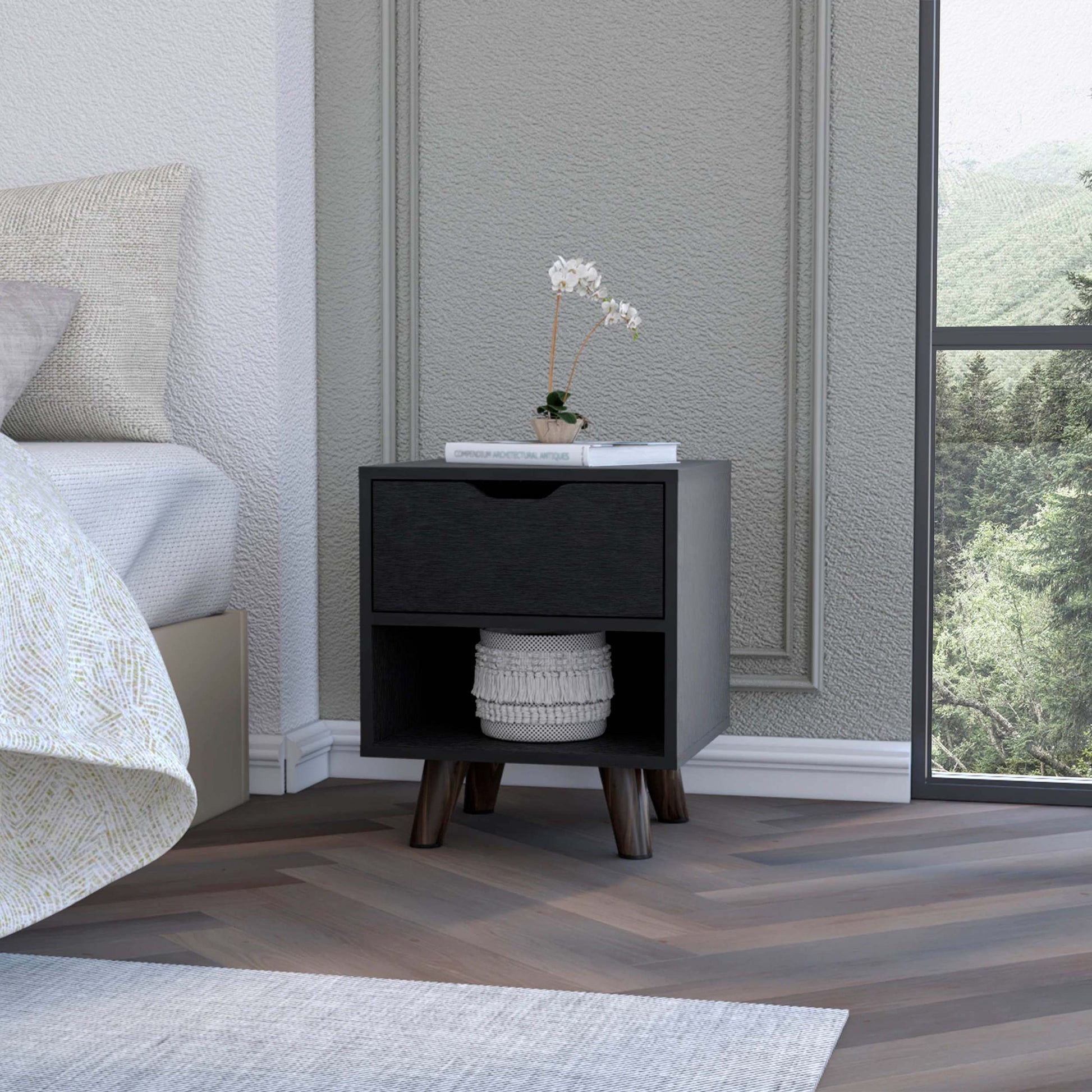 Carthage Nightstand With 1 Drawer, 1 Open Storage Shelf And Wooden Legs Black Mdf Engineered Wood