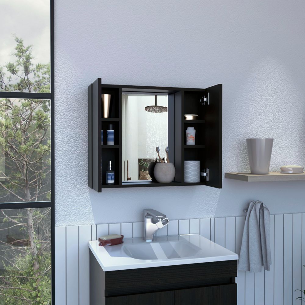 Draco Medicine Cabinet, Mirror, Double Door, One External Shelf Black Mdf Engineered Wood