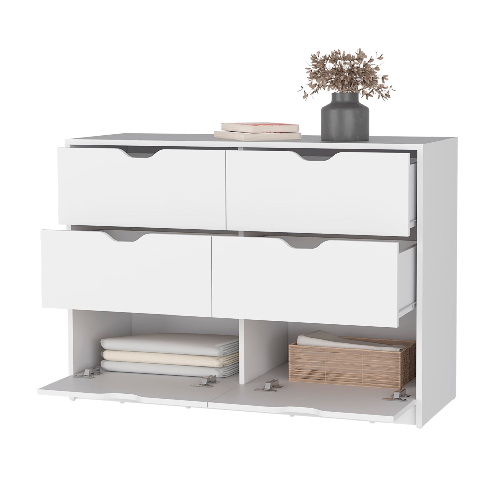 Dillon 4 Drawers Dresser, Chest Of Drawers With 2 Cabinets White Mdf Engineered Wood