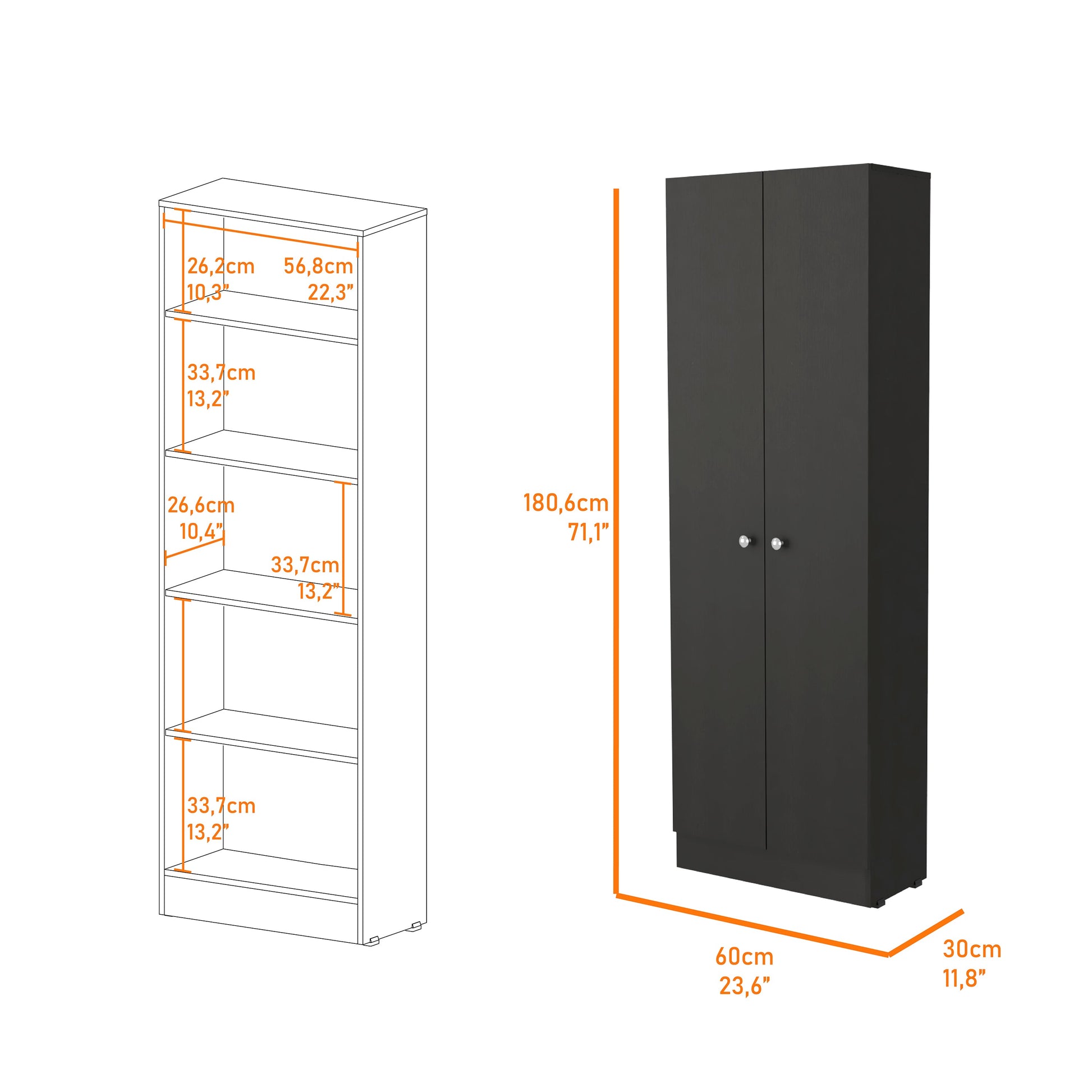 Virginia Double Door Storage Cabinet, Five Shelves Black Bedroom Modern Mdf Engineered Wood