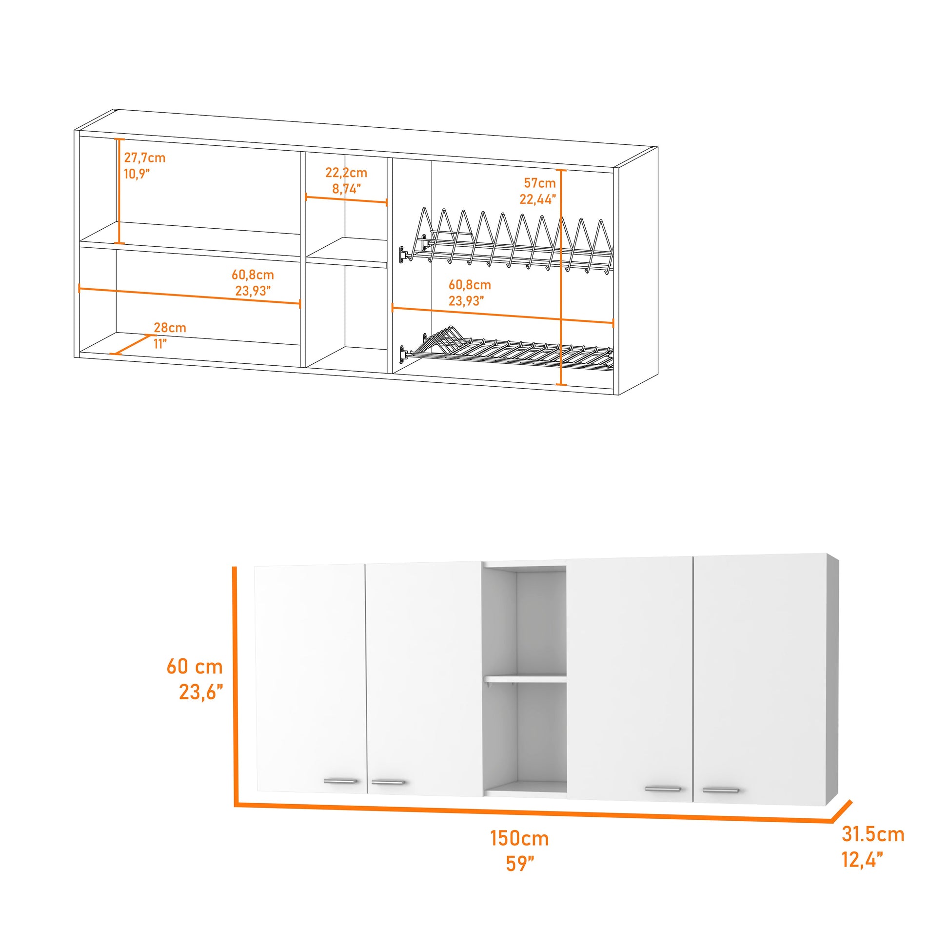 Winslow 150" Wall Cabinet, Four Doors, Two Divisions, Two Shelves White Mdf Engineered Wood