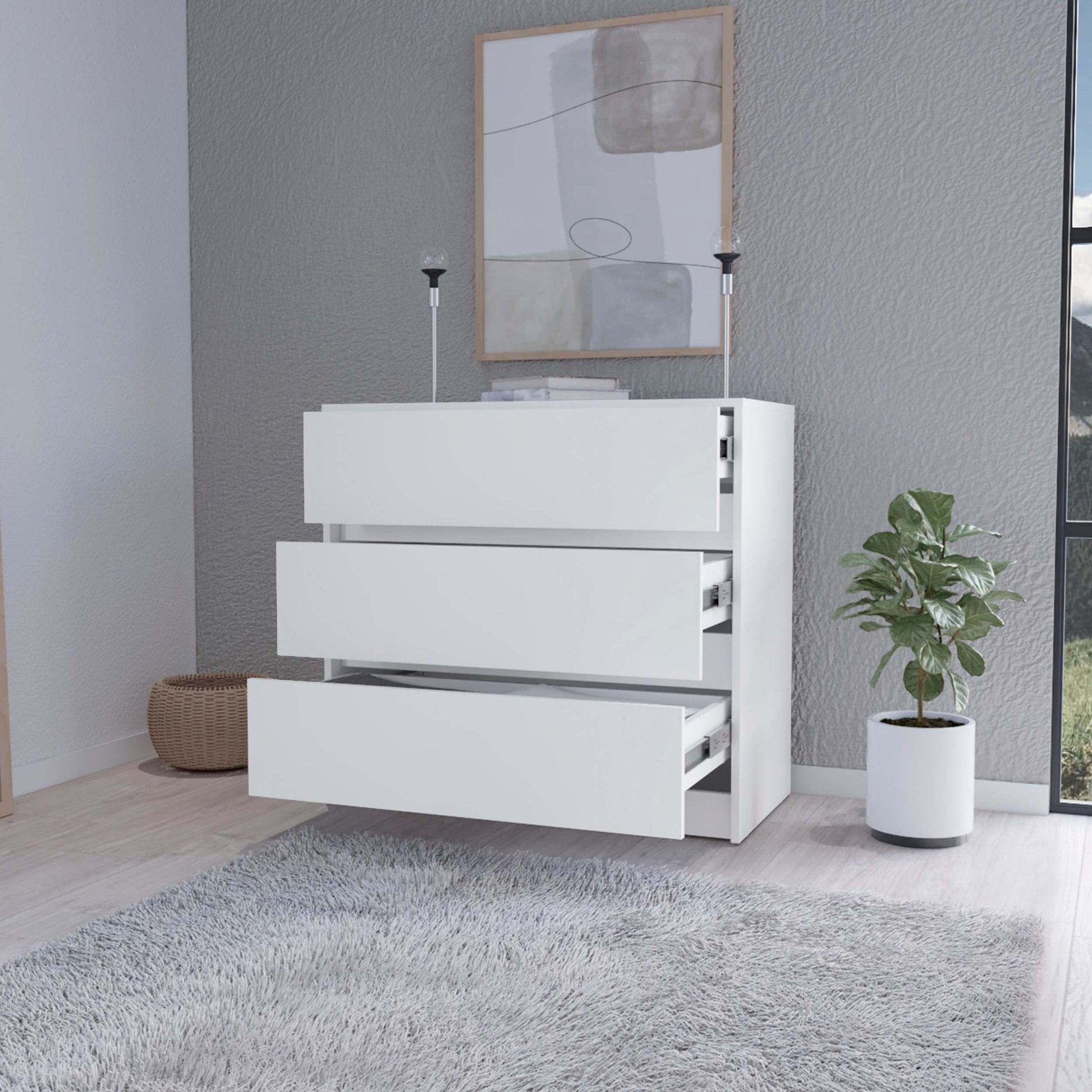 Avra 3 Drawer Dresser, Manufactured Wood Top And Front Chest Of Drawers White Mdf Engineered Wood