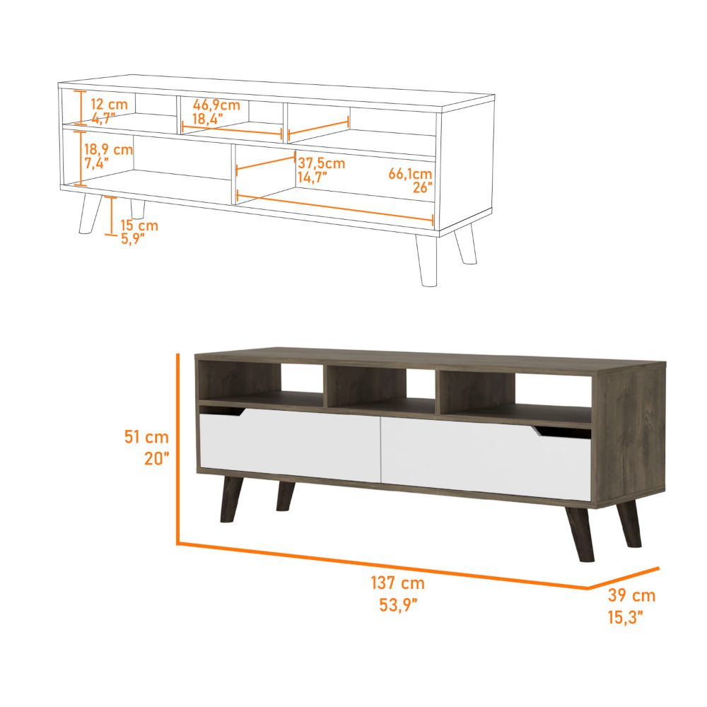 Hamburg Tv Stand For Tv S Up 52", Four Legs, Three Open Shelves,Two Upturned Drawers Multicolor 60 69 Inches Mdf Engineered Wood