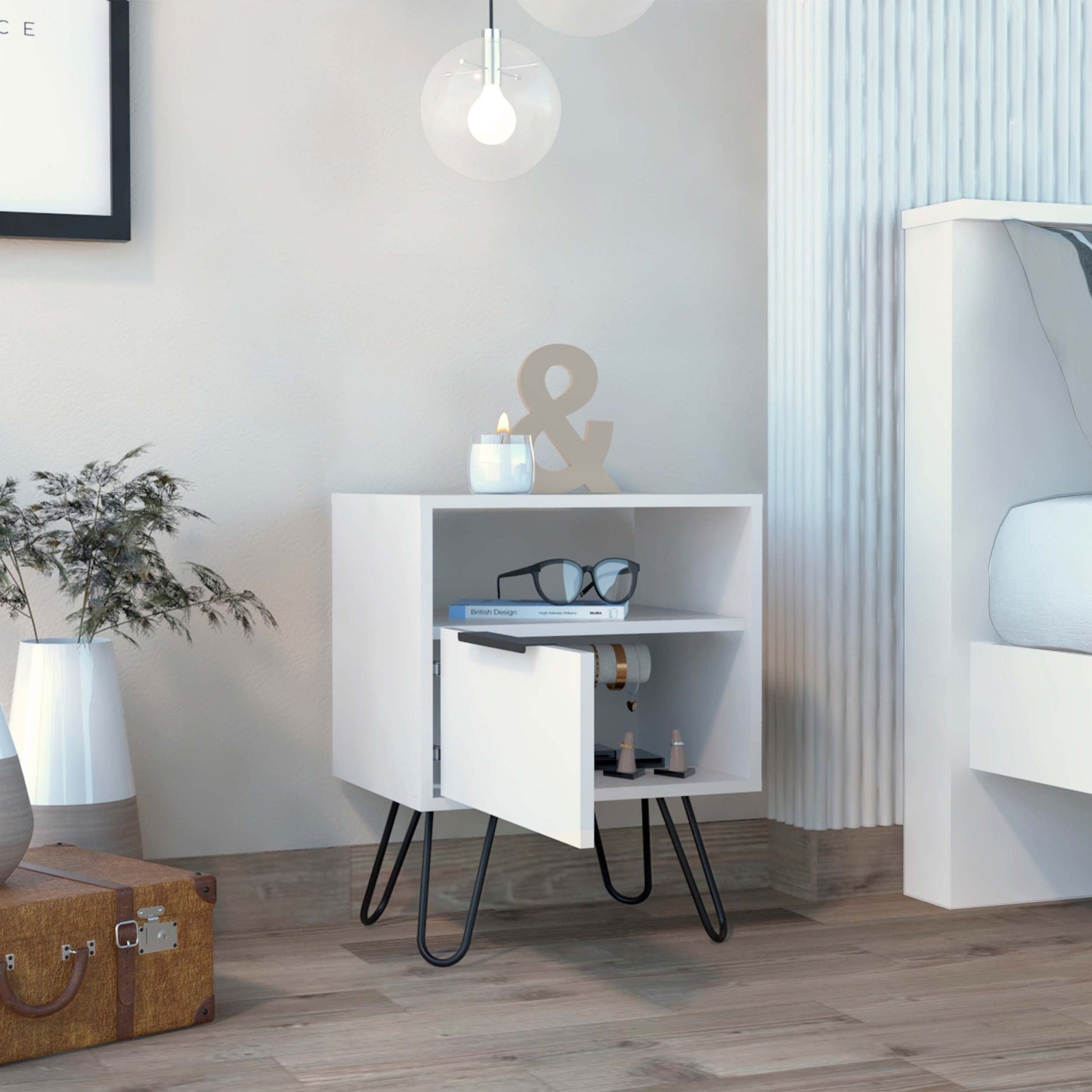 Vienna Nightstand, Shelves, Hairpin Legs White Mdf Engineered Wood