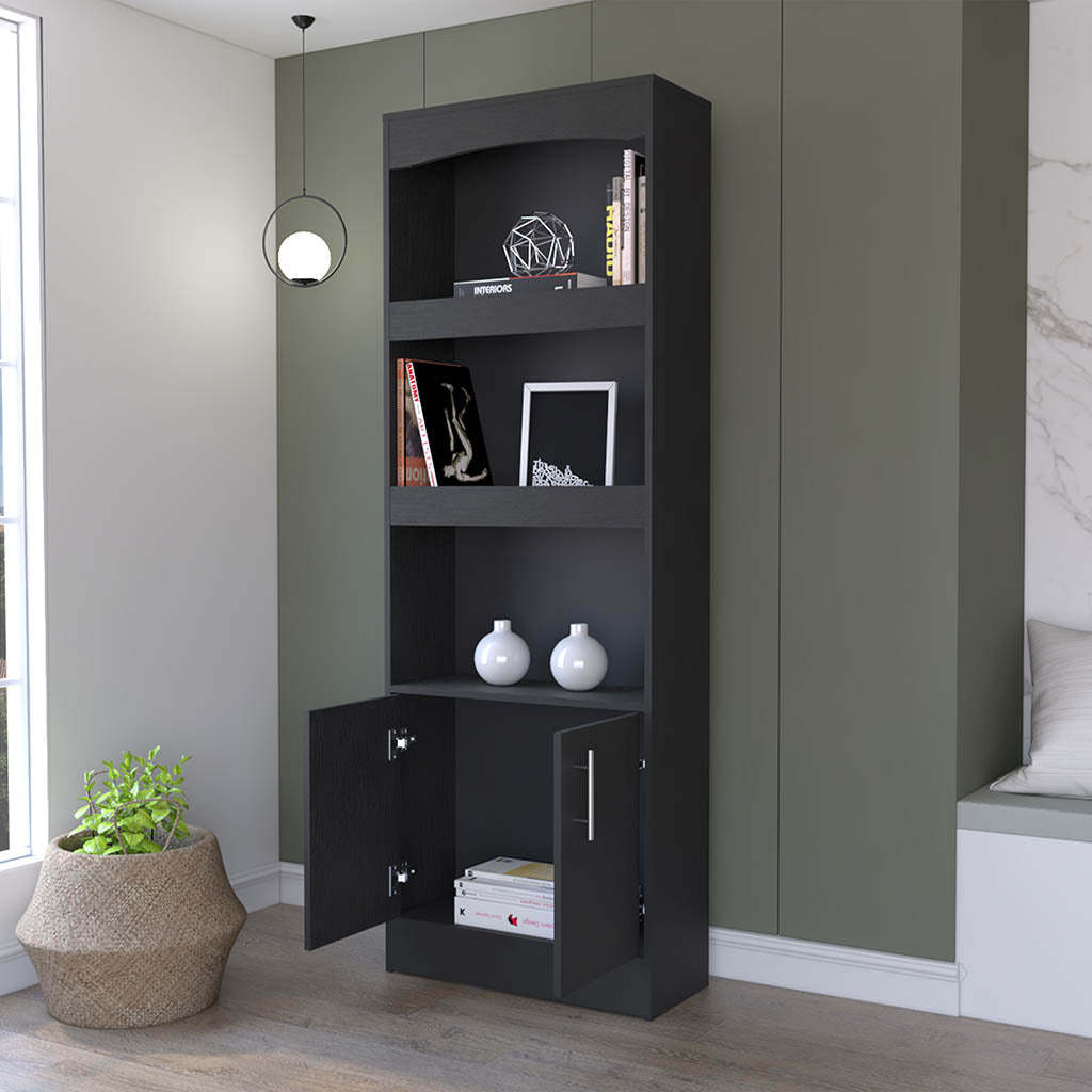 Durango Bookcase, Three Shelves, Double Door Cabinet Black Mdf Engineered Wood